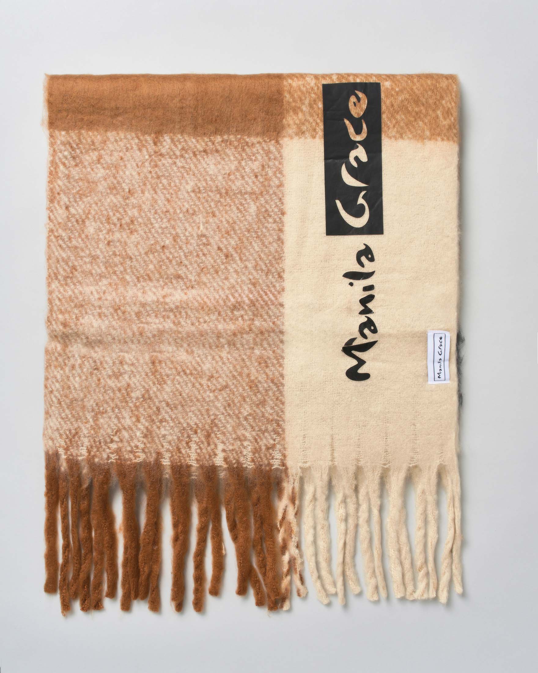 Sciarpa Manila Grace a quadri multicolor sui toni del marrone con frange