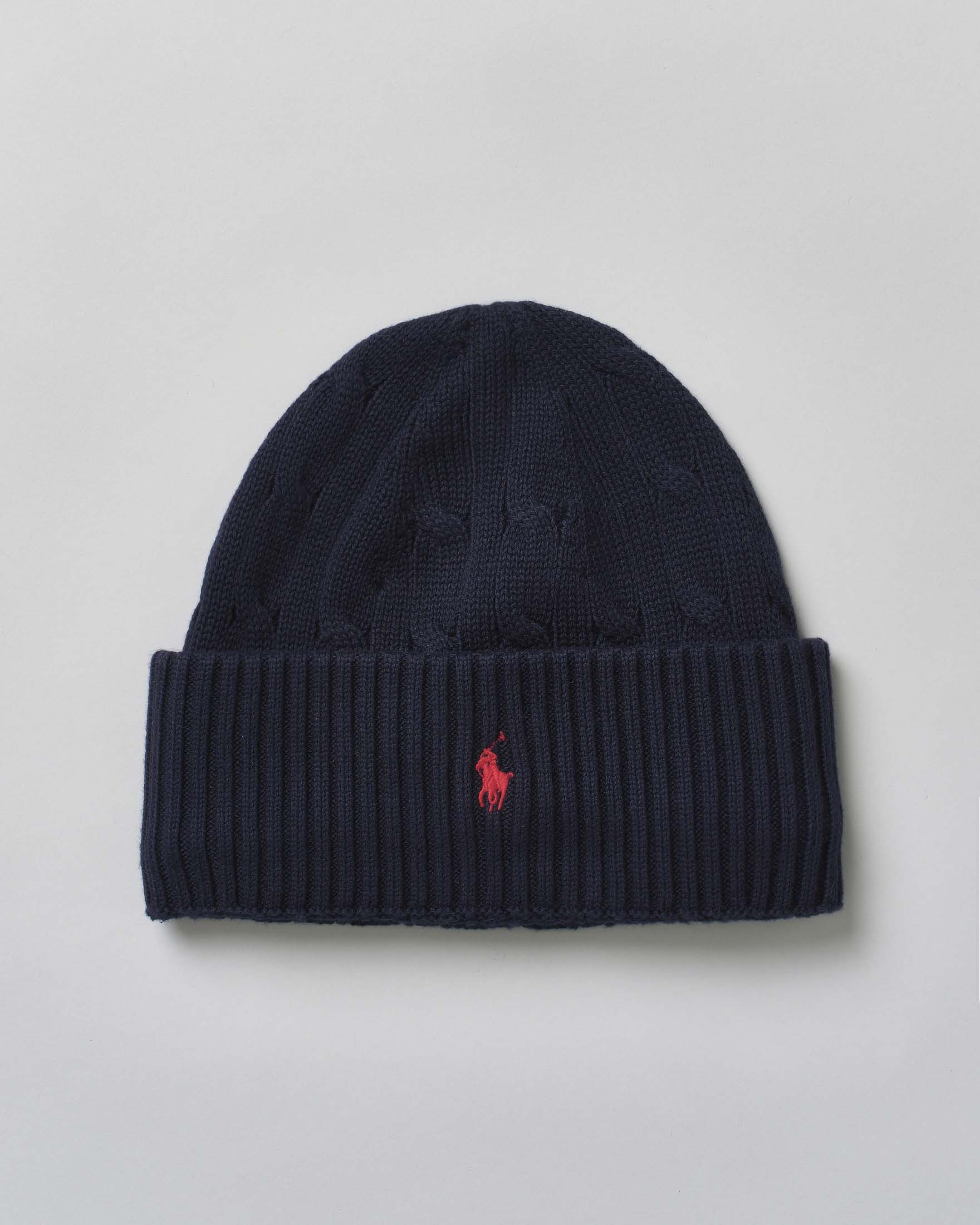 Berretto Polo Ralph Lauren blu in maglia a trecce con logo rosso