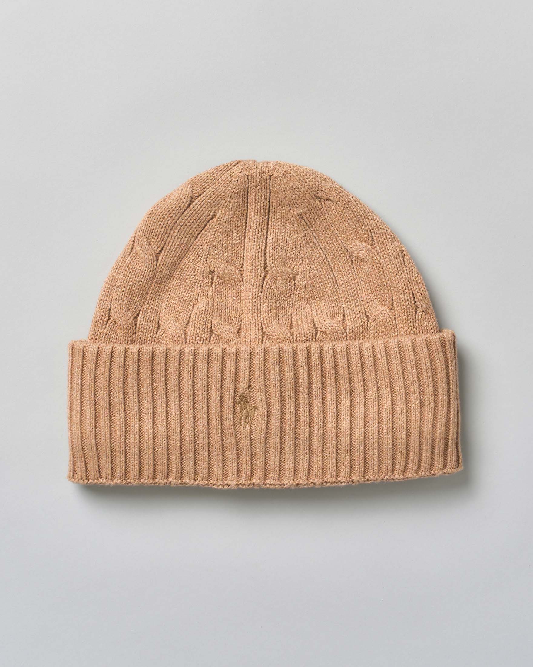 Berretto Polo Ralph Lauren cammello in maglia a trecce con logo