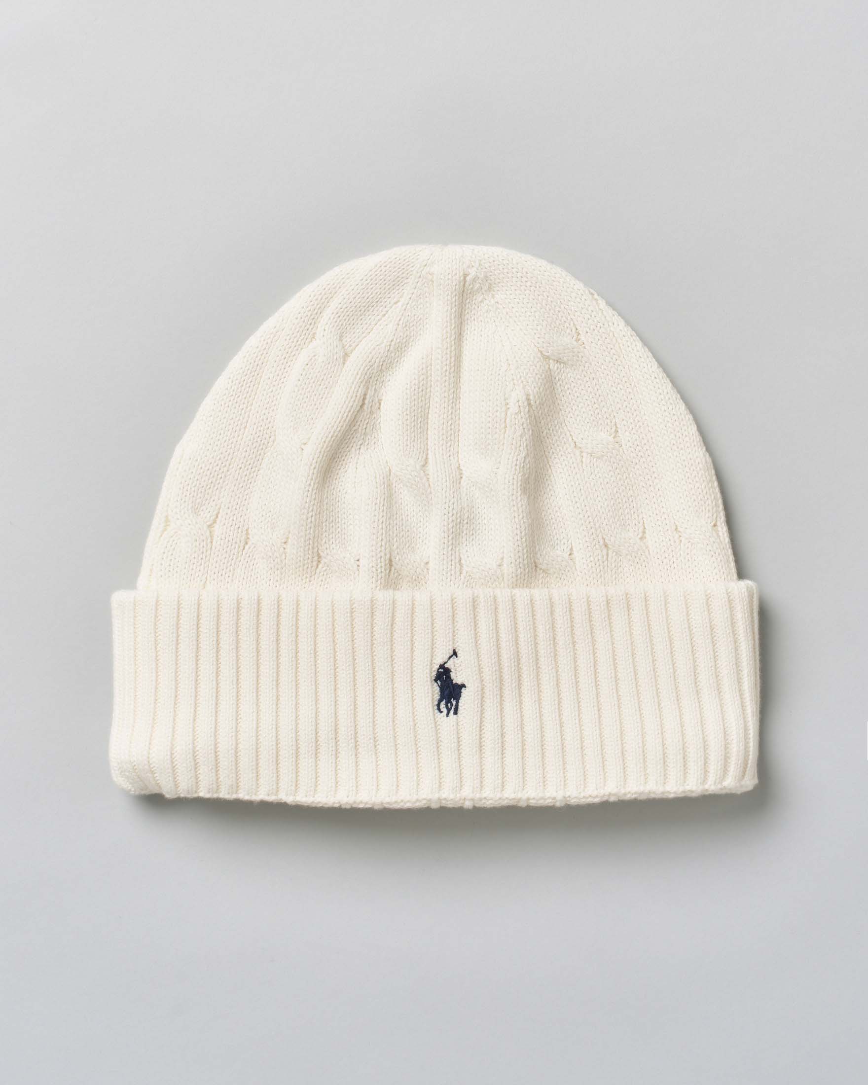 Berretto Polo Ralph Lauren bianco in maglia a trecce con logo blu