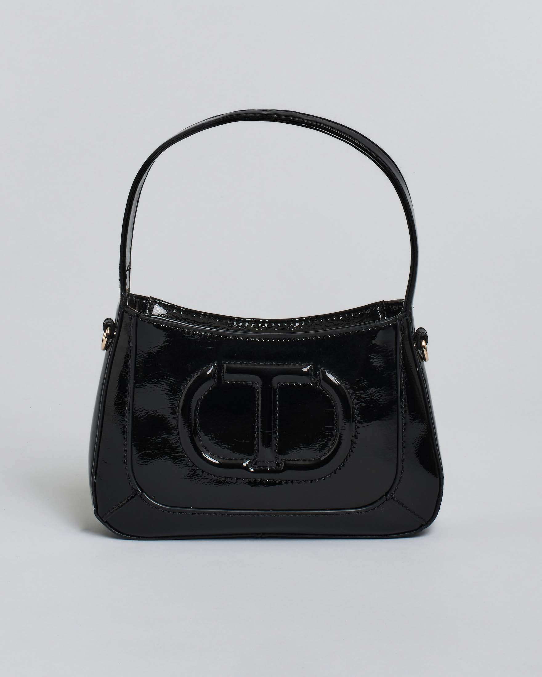 Mini borsa Twinset nera lucidaa spalla in nylon con logo icon