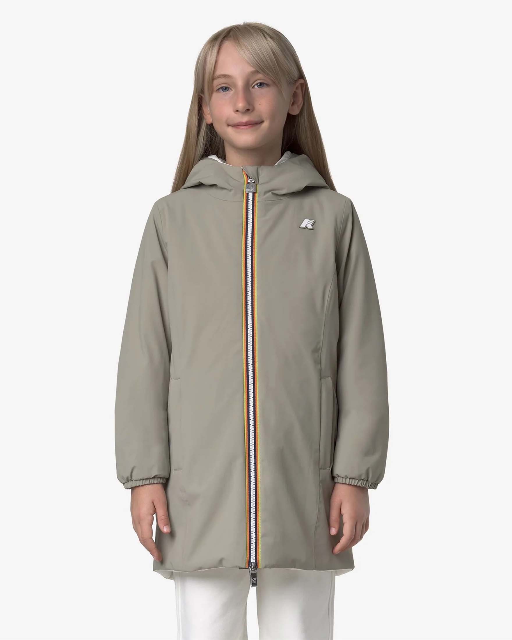 Giacca lunga Kway Denise color tortora e rosa reversibile con cappuccio