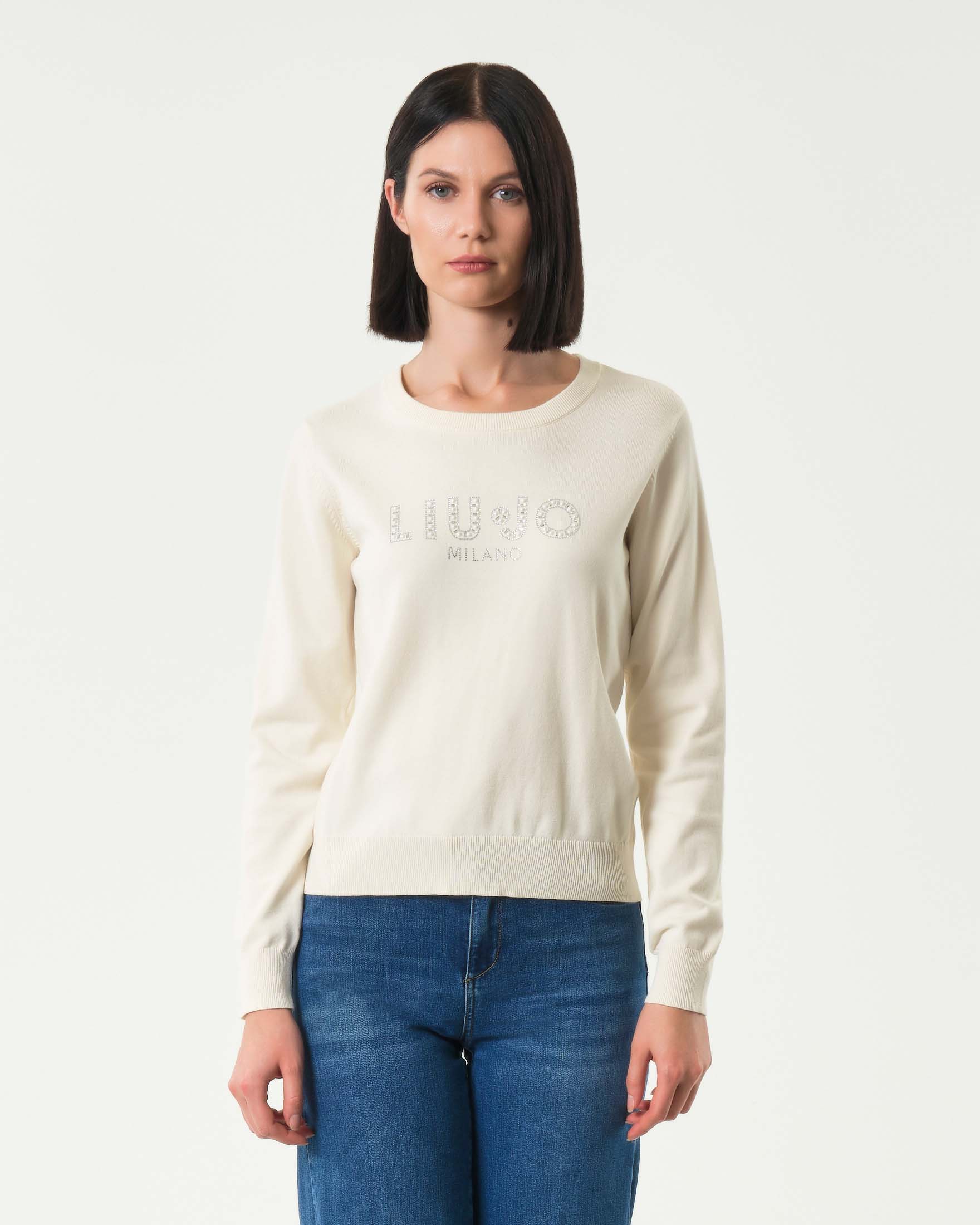Maglia color avorio Liu Jo Sport in misto viscosa con scritta logo in castoni e perle