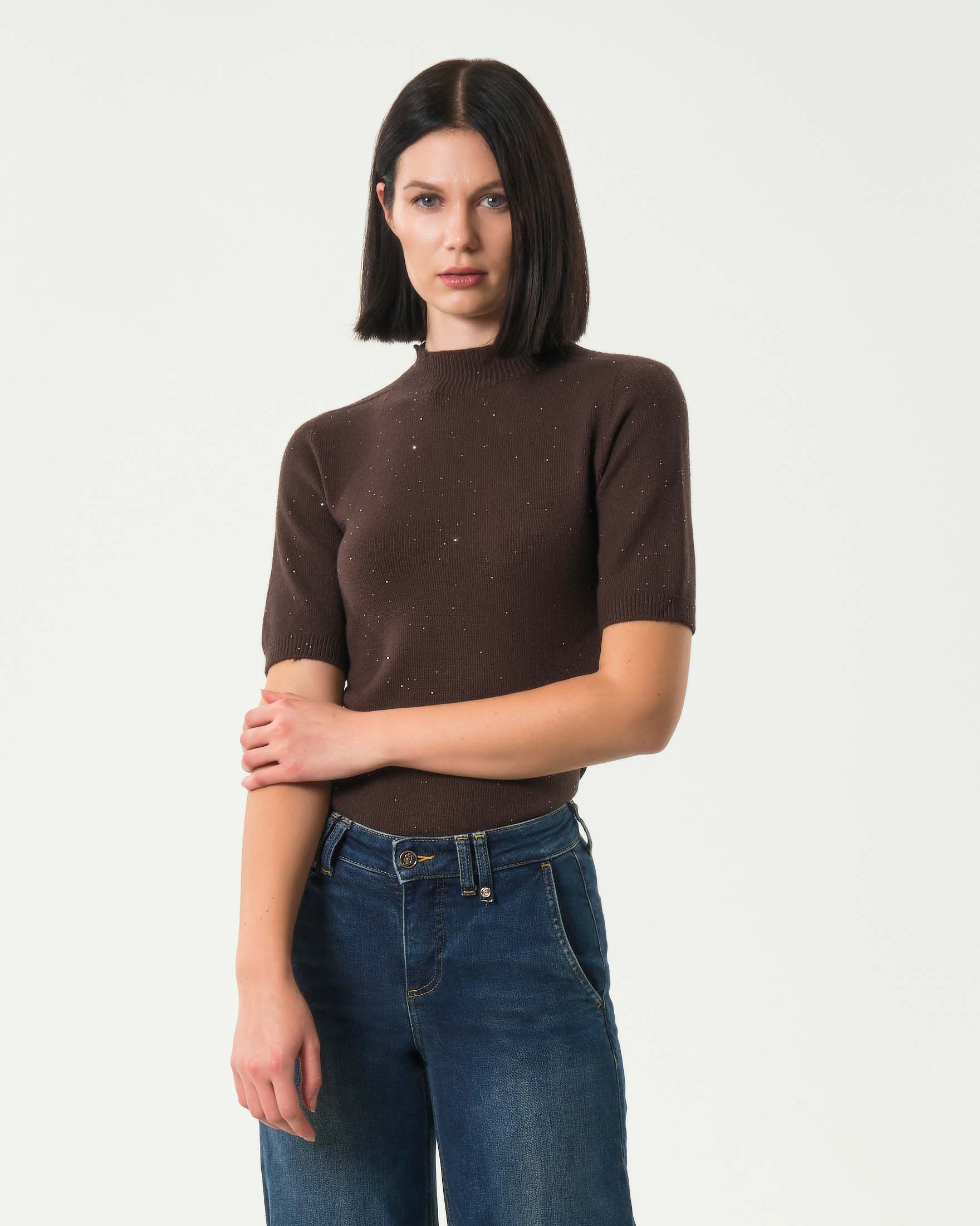 Maglia marrone a maniche corte Liu Jo in viscosa stretch con paillettes applicatei