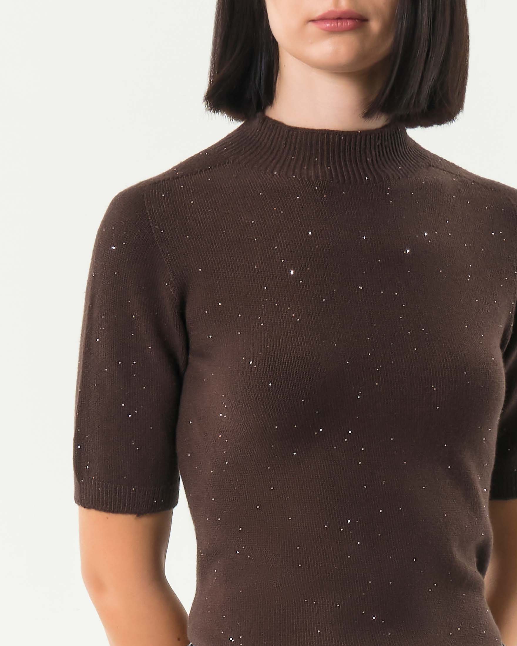 Maglia marrone a maniche corte Liu Jo in viscosa stretch con paillettes applicatei image