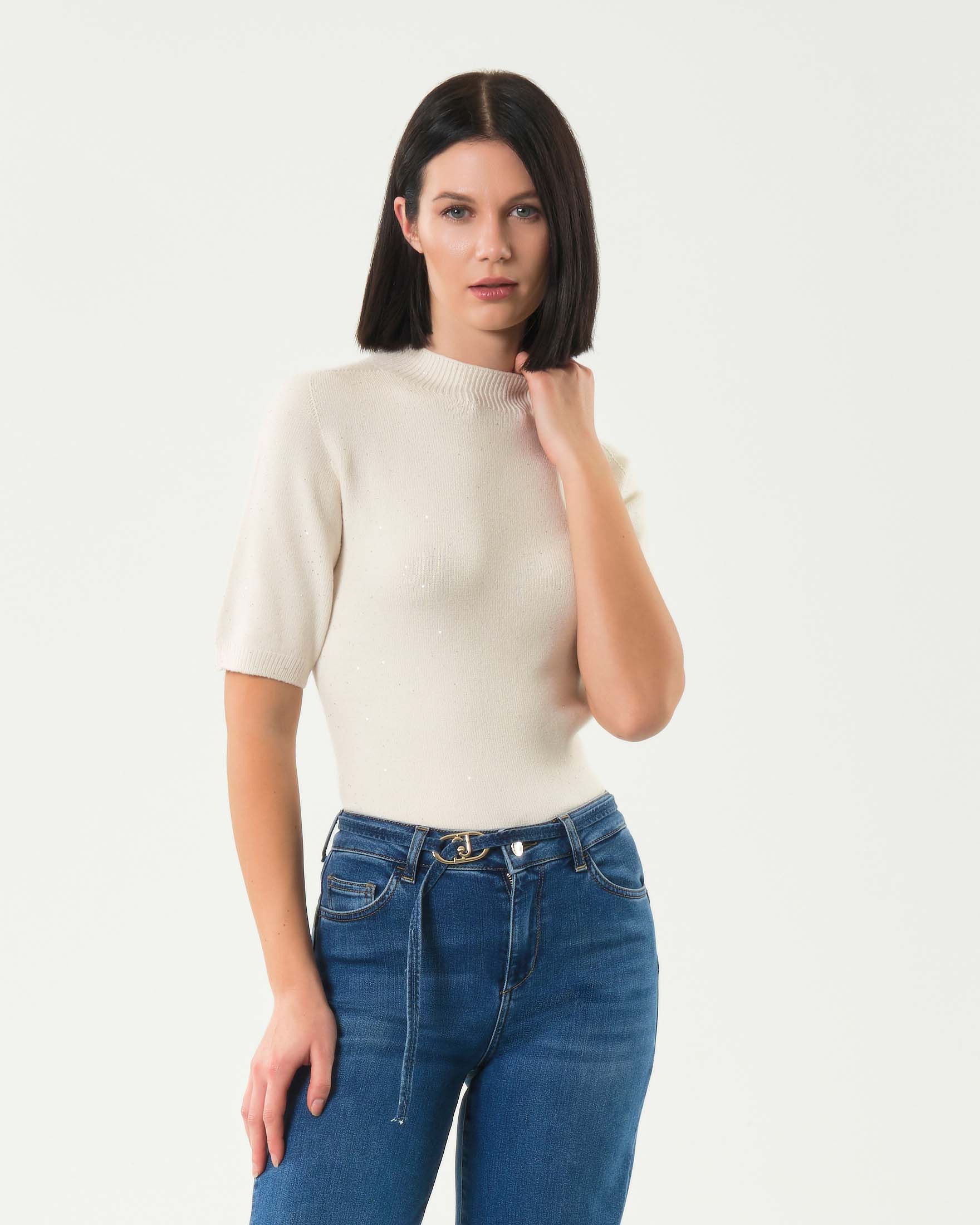 Maglia bianca a maniche corte Liu Jo in viscosa stretch con paillettes applicatei