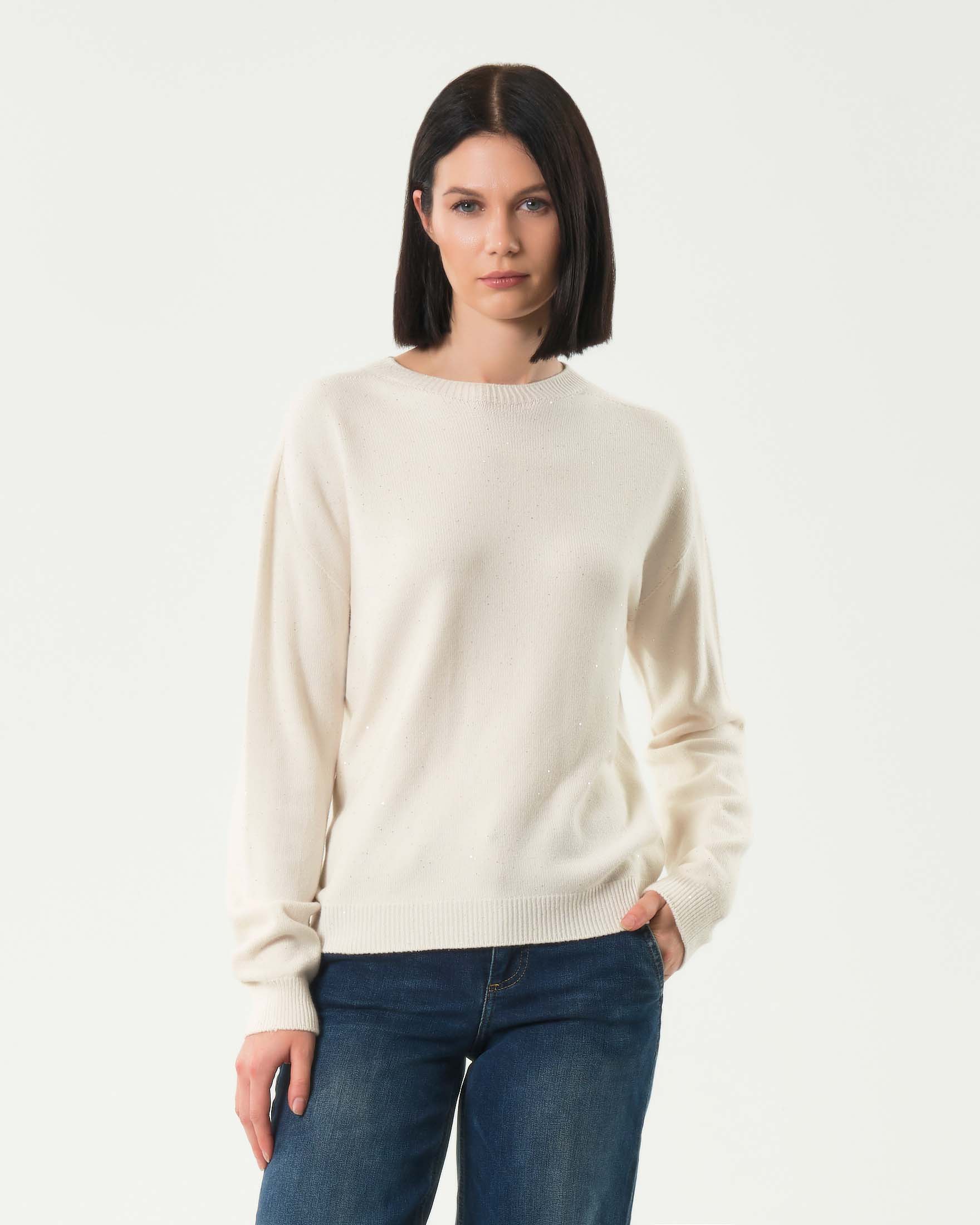 Maglia bianca Liu Jo in misto viscosa con paillettes applicate e scollo tondo