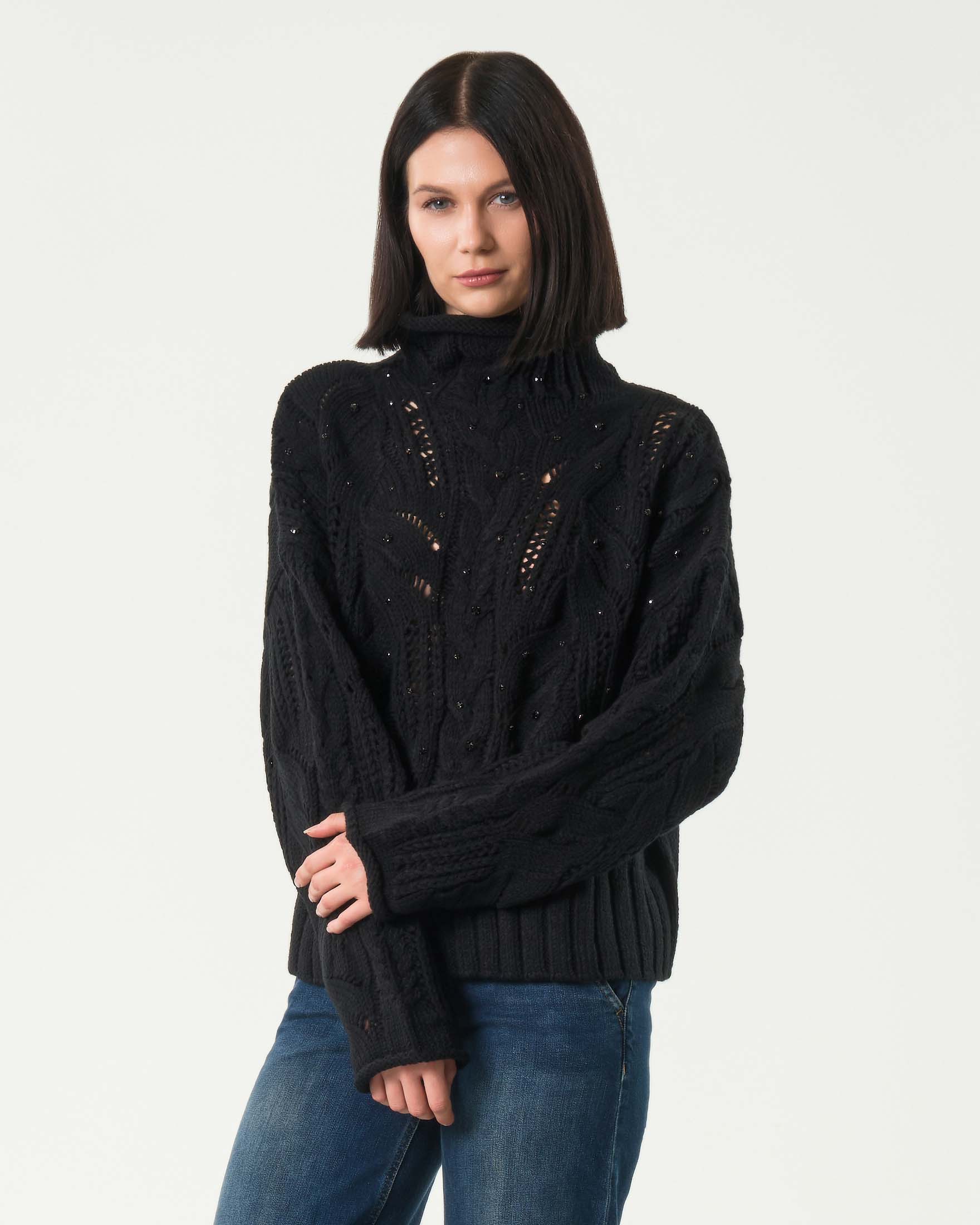 Maglione nero Liu Jo in misto lana a trecce con pietre applicate e lavorazione traforata