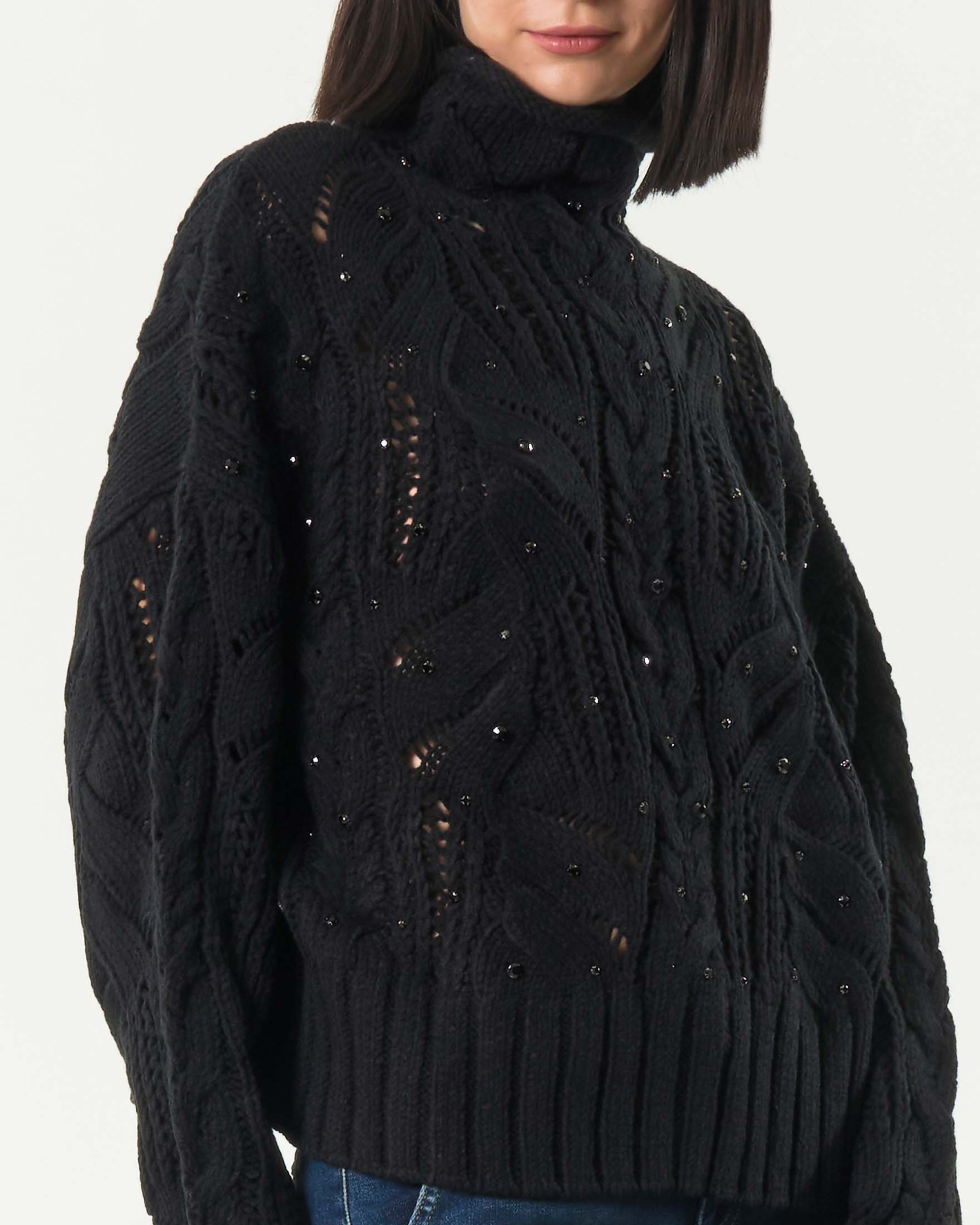 Maglione nero Liu Jo in misto lana a trecce con pietre applicate e lavorazione traforata image