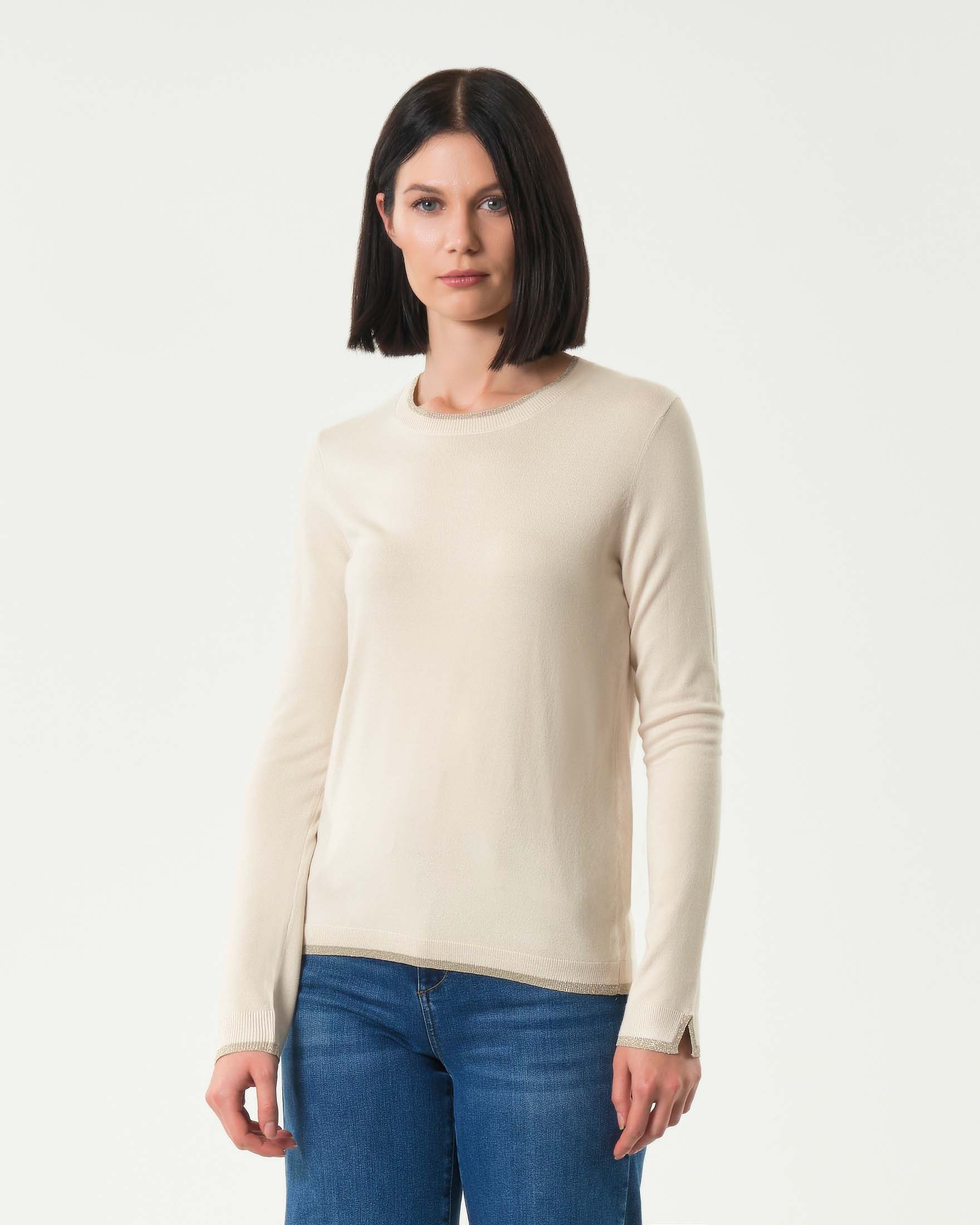 Maglia color panna Liu Jo in misto viscosa con profili di scollo e polsini in lurex bicolore