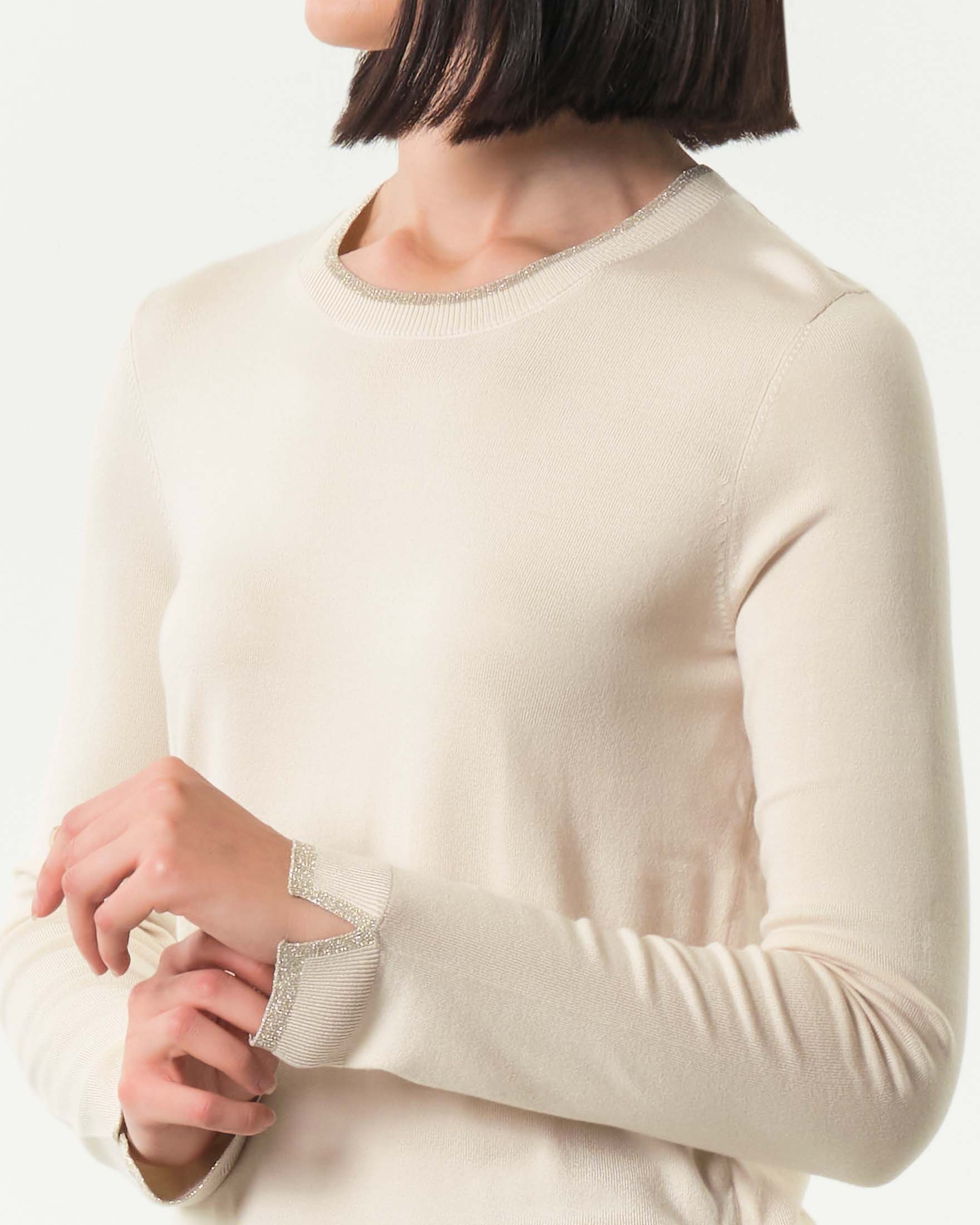 Maglia color panna Liu Jo in misto viscosa con profili di scollo e polsini in lurex bicolore image