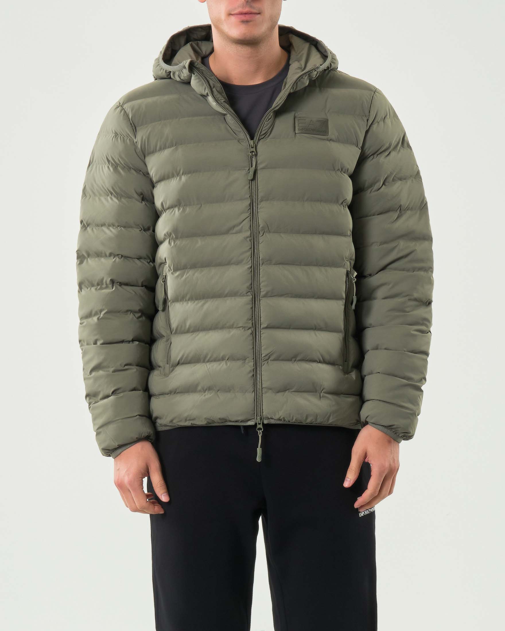 Piumino EA7 verde salvia in tessuto stretch con cappuccio e patch logo applicata image