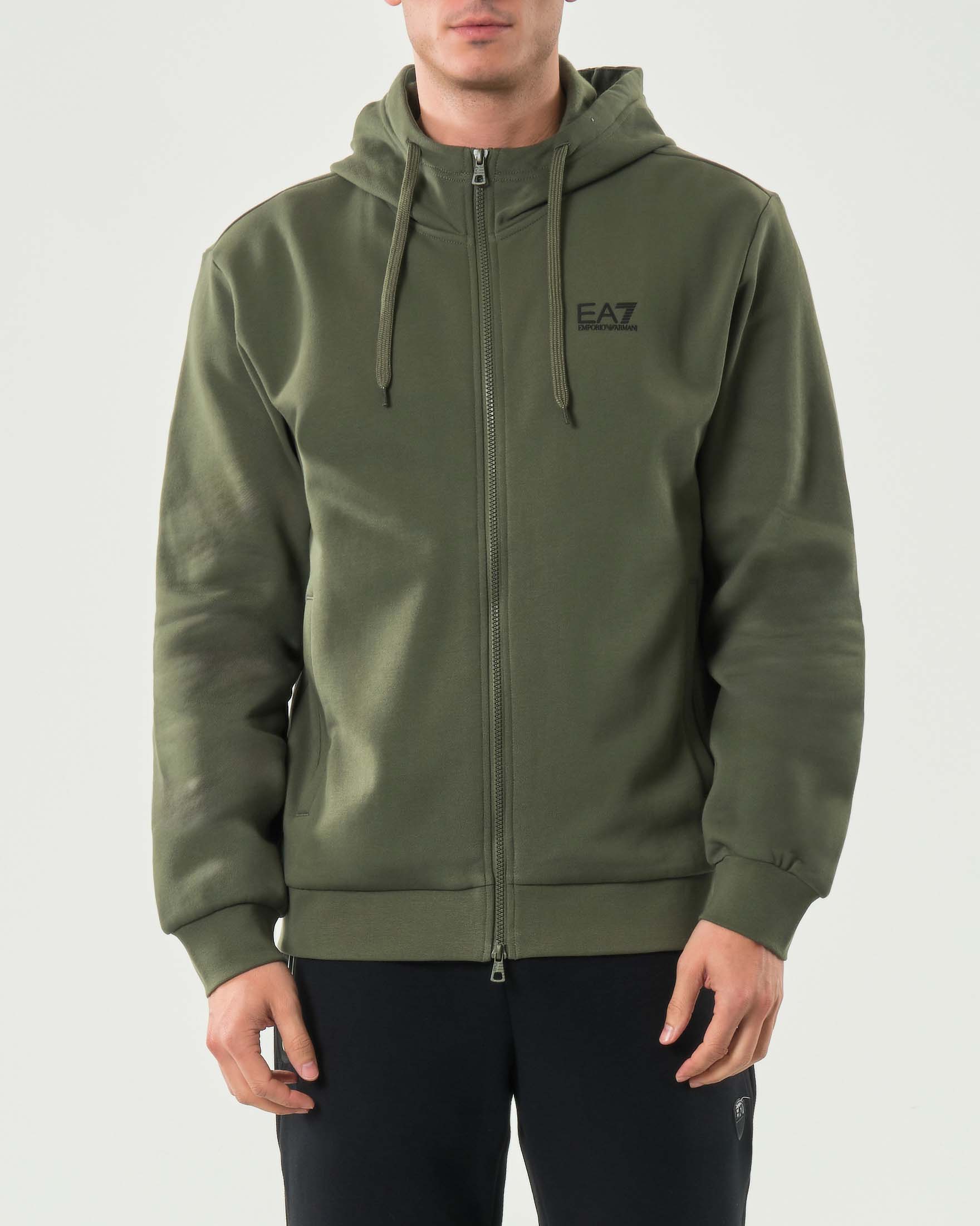 Felpa EA7 verde militare con cappuccio e chiusura zip in misto cotone con logo stampato
