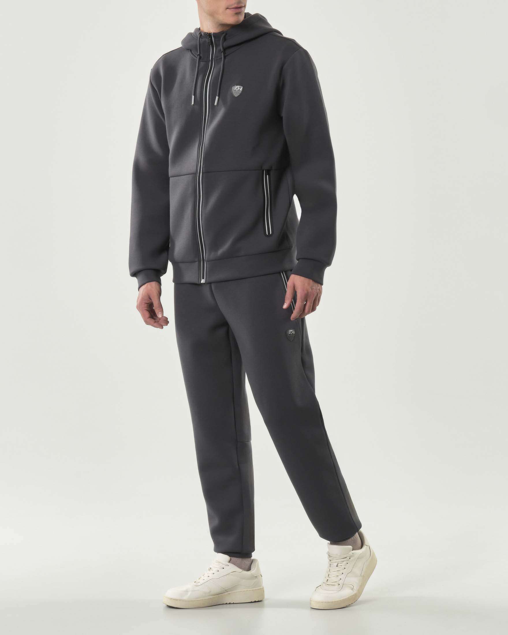 Felpa con cappuccio e zip EA7 grigio antracite in misto viscosa con logo applicato