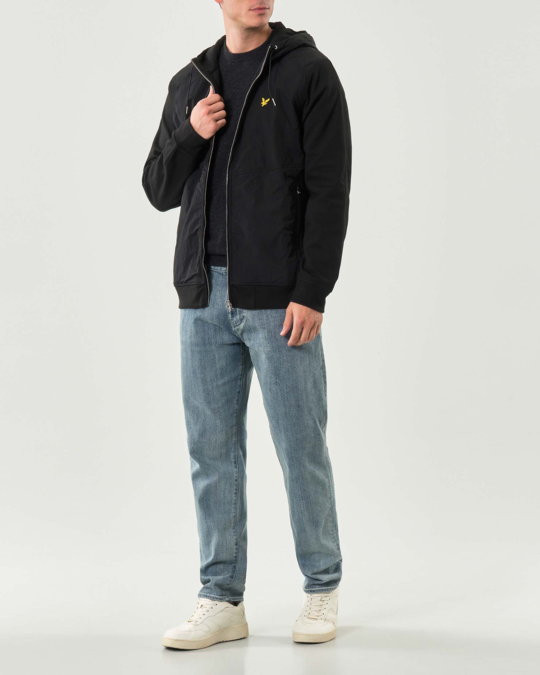 Giubbino bi-tessuto Lyle & Scott nero in nylon e cotone con cappuccio e chiusura zip