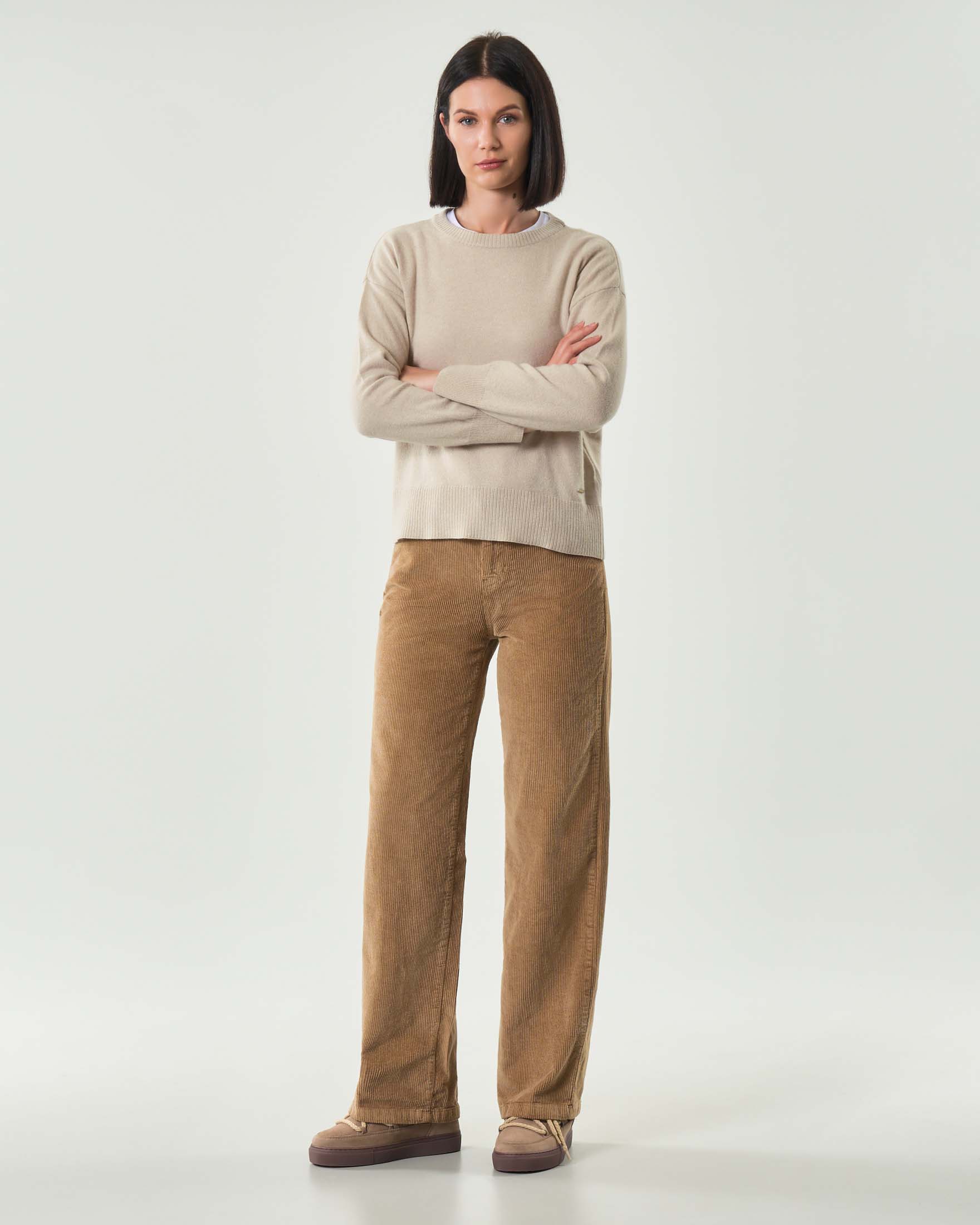 Pantaloni beige Roy Roger's in velluto a righe di misto cotone dalla linea a palazzo