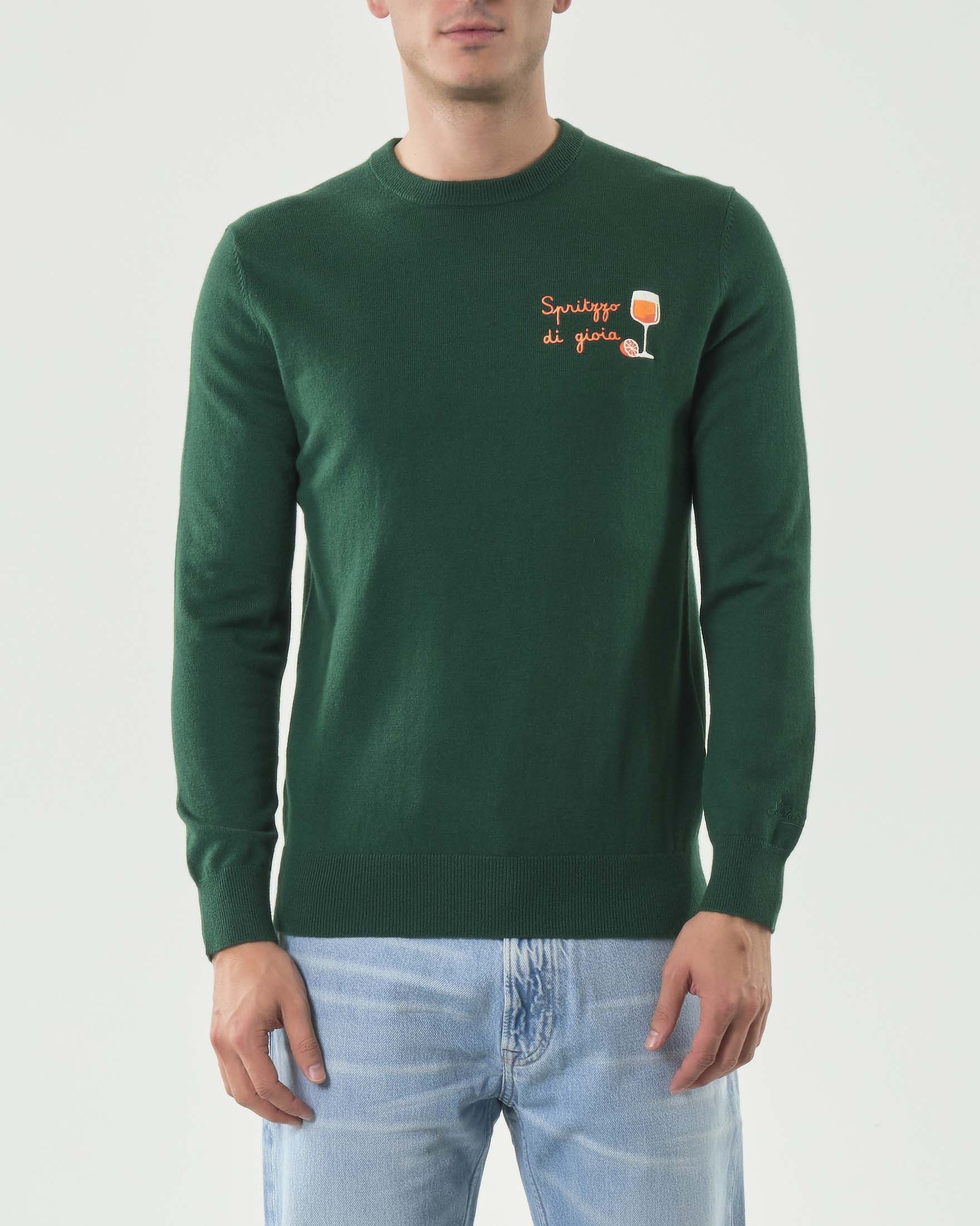Maglia girocollo MC2 Saint Barth verde in lana e cashmere con ricamo Spritzzo di gioia sul petto