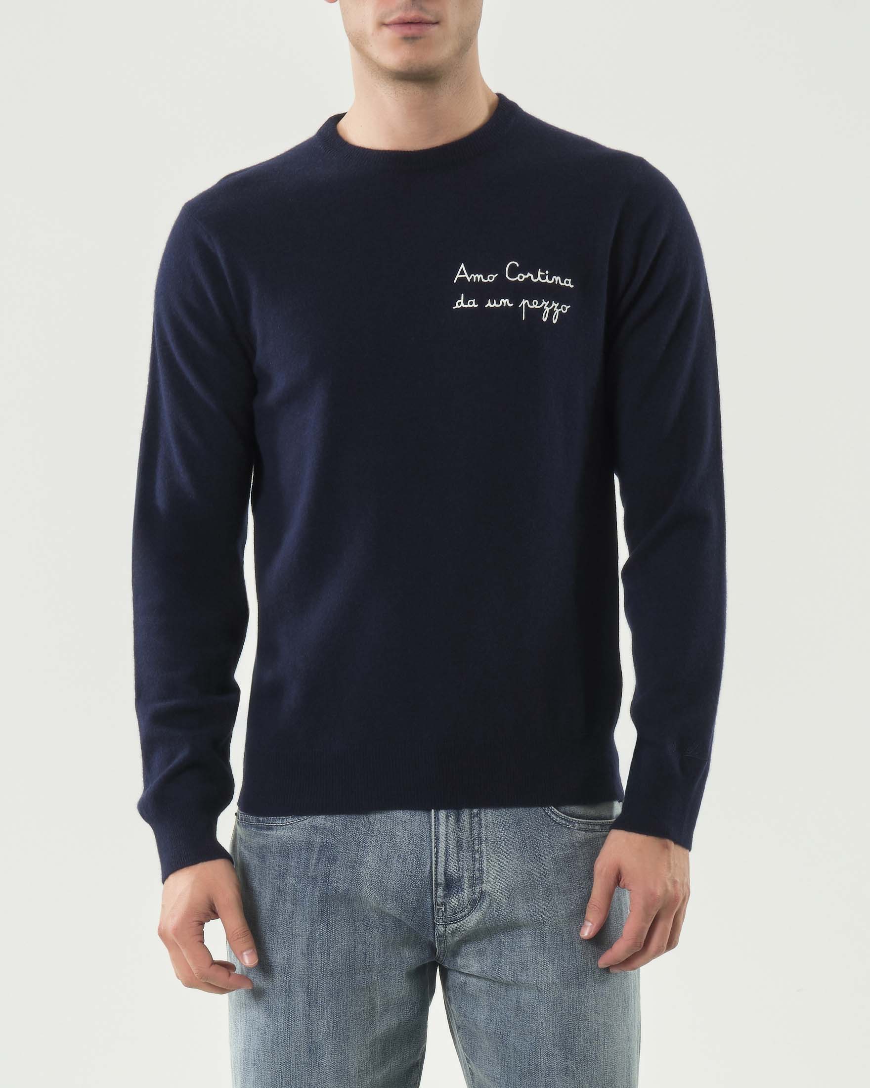 Maglia girocollo MC2 Saint Barth blu in lana e cashmere con ricamo Amo Cortina da un pezzo sul petto