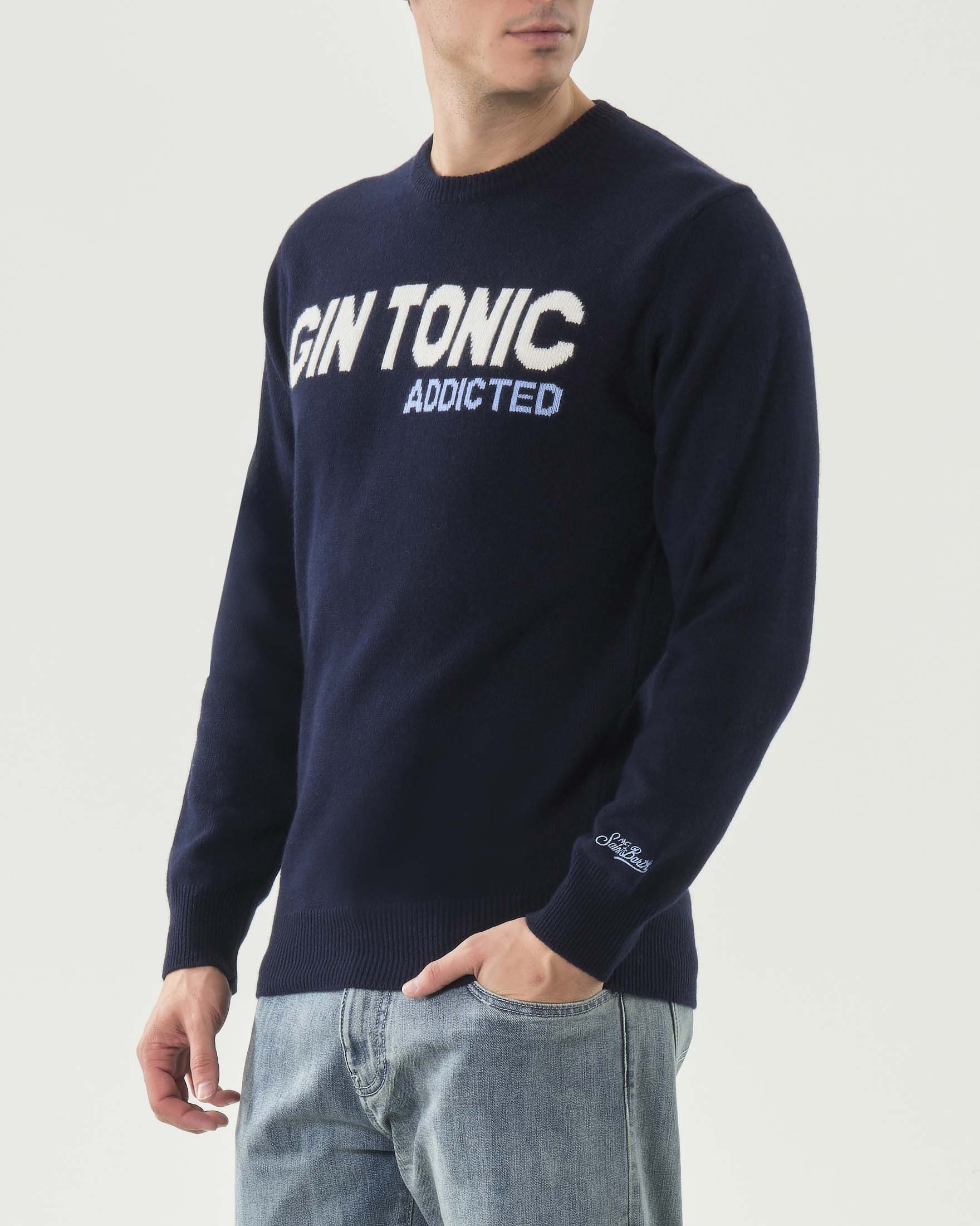 Maglia girocollo MC2 Saint Barth blu in lana e cashmere con scritta Gin Tonic Addicted jacquard
