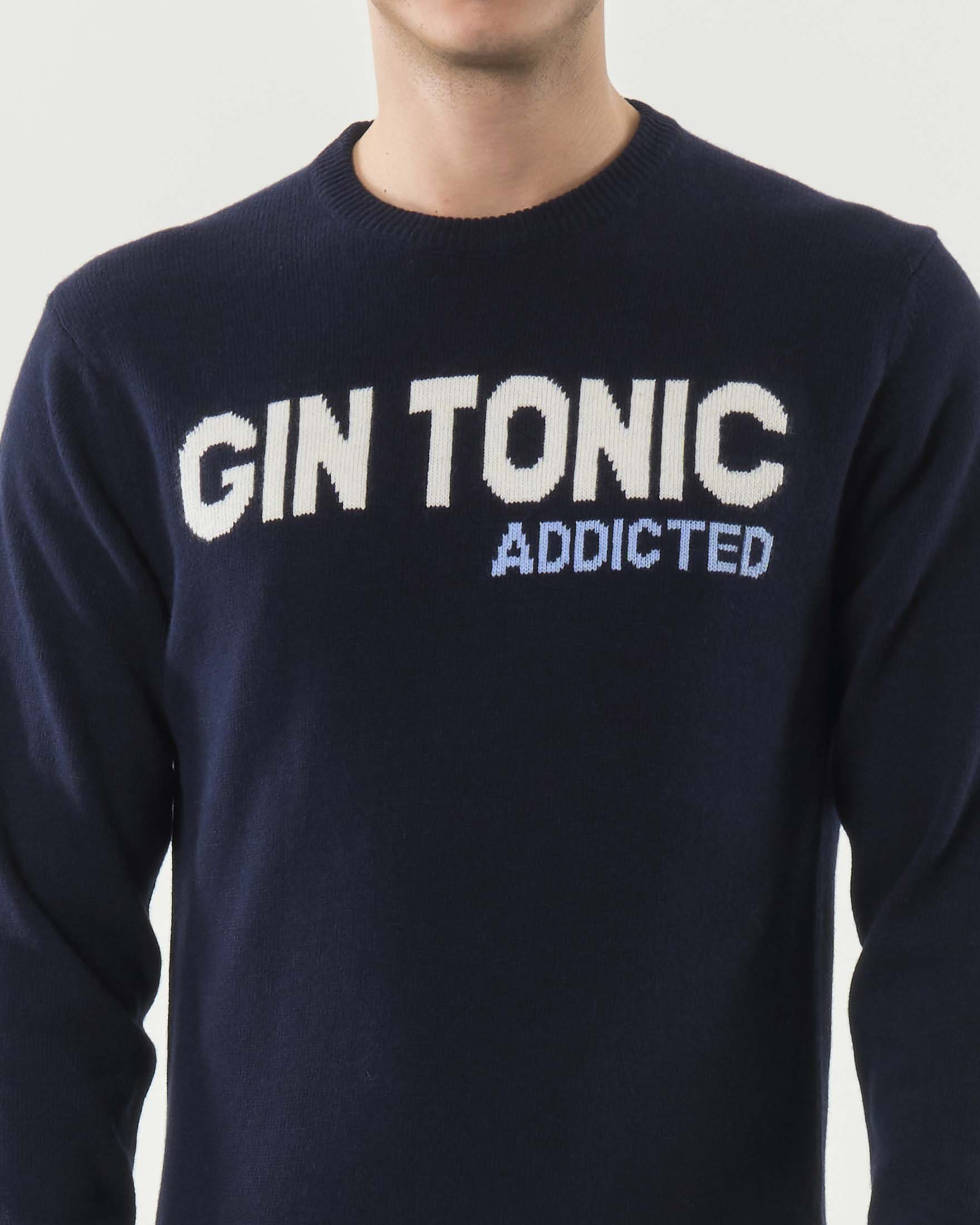 Maglia girocollo MC2 Saint Barth blu in lana e cashmere con scritta Gin Tonic Addicted jacquard image