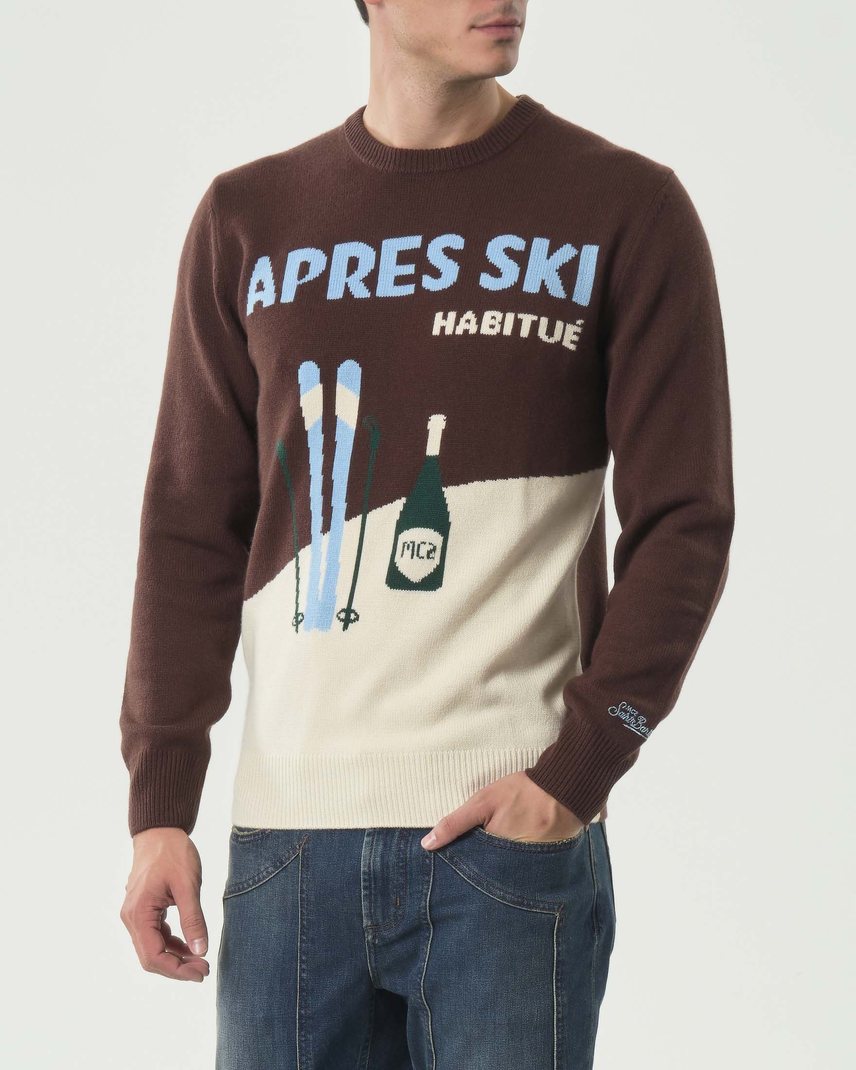Maglia girocollo MC2 Saint Barth marrone e panna in lana e cashmere con grafica e scritta Apres Ski Habitué jacquard