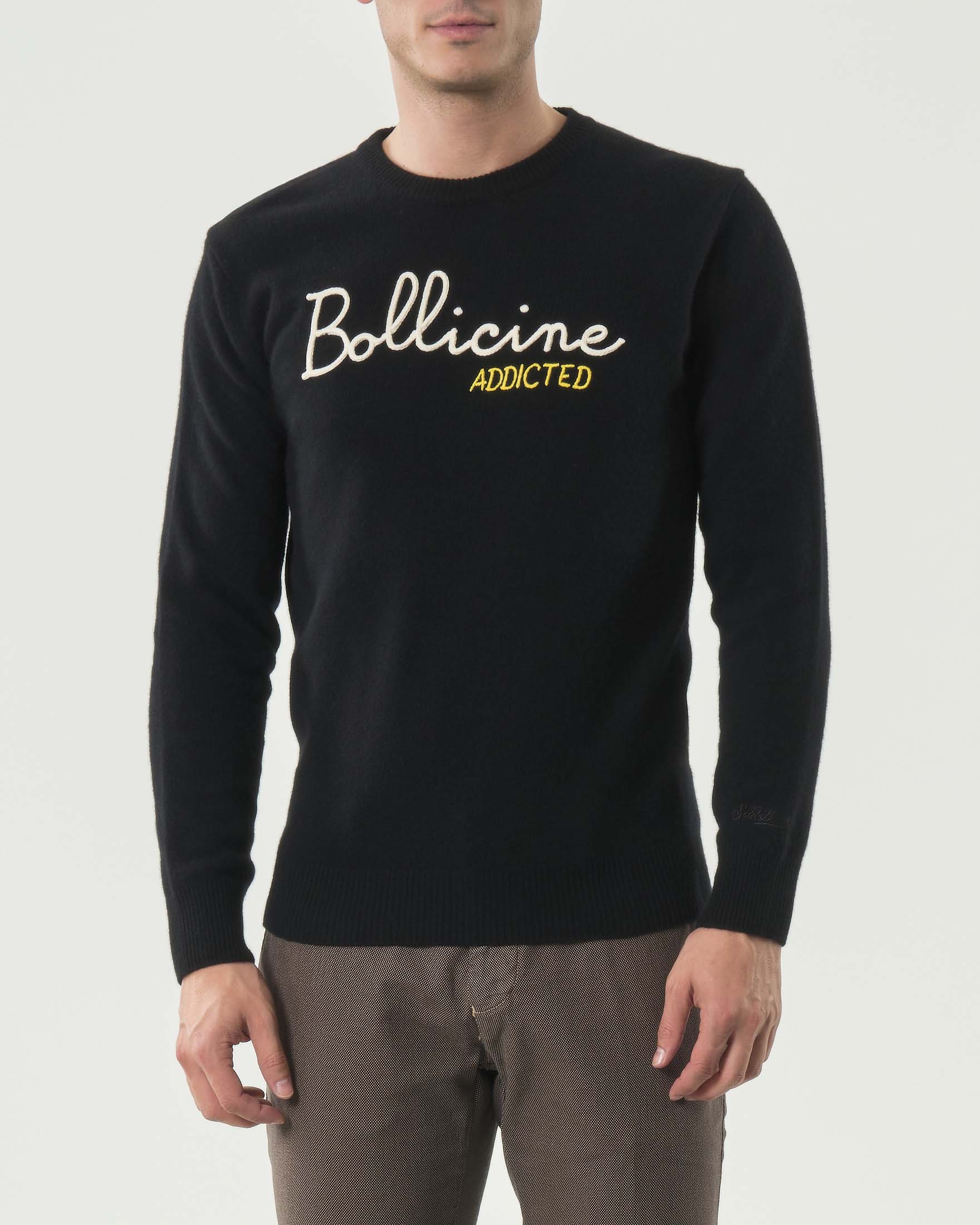 Maglia girocollo MC2 Saint Barth nera in lana e cashmere con ricamo Bollicine Addicted