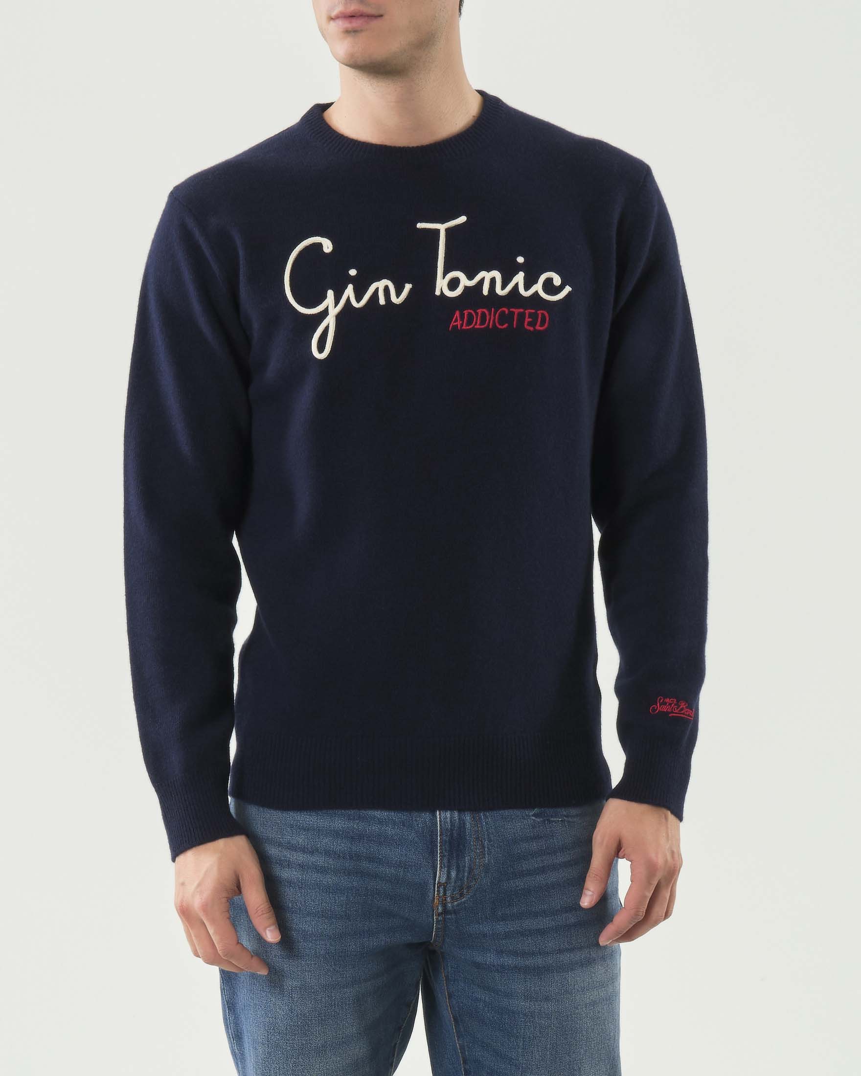 Maglia girocollo MC2 Saint Barth blu in lana e cashmere con ricamo Gin Tonic Addicted