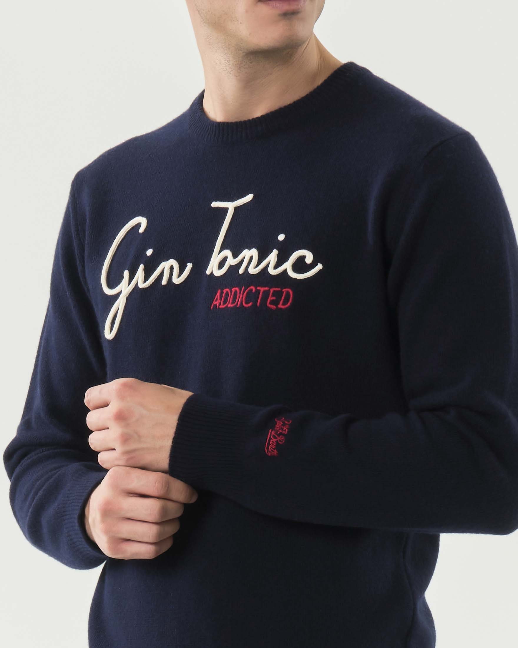 Maglia girocollo MC2 Saint Barth blu in lana e cashmere con ricamo Gin Tonic Addicted image