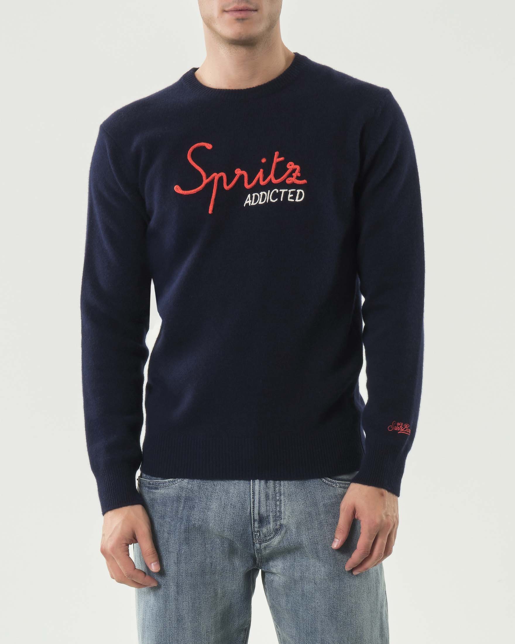 Maglia girocollo MC2 Saint Barth blu in lana e cashmere con ricamo Spritz Addicted