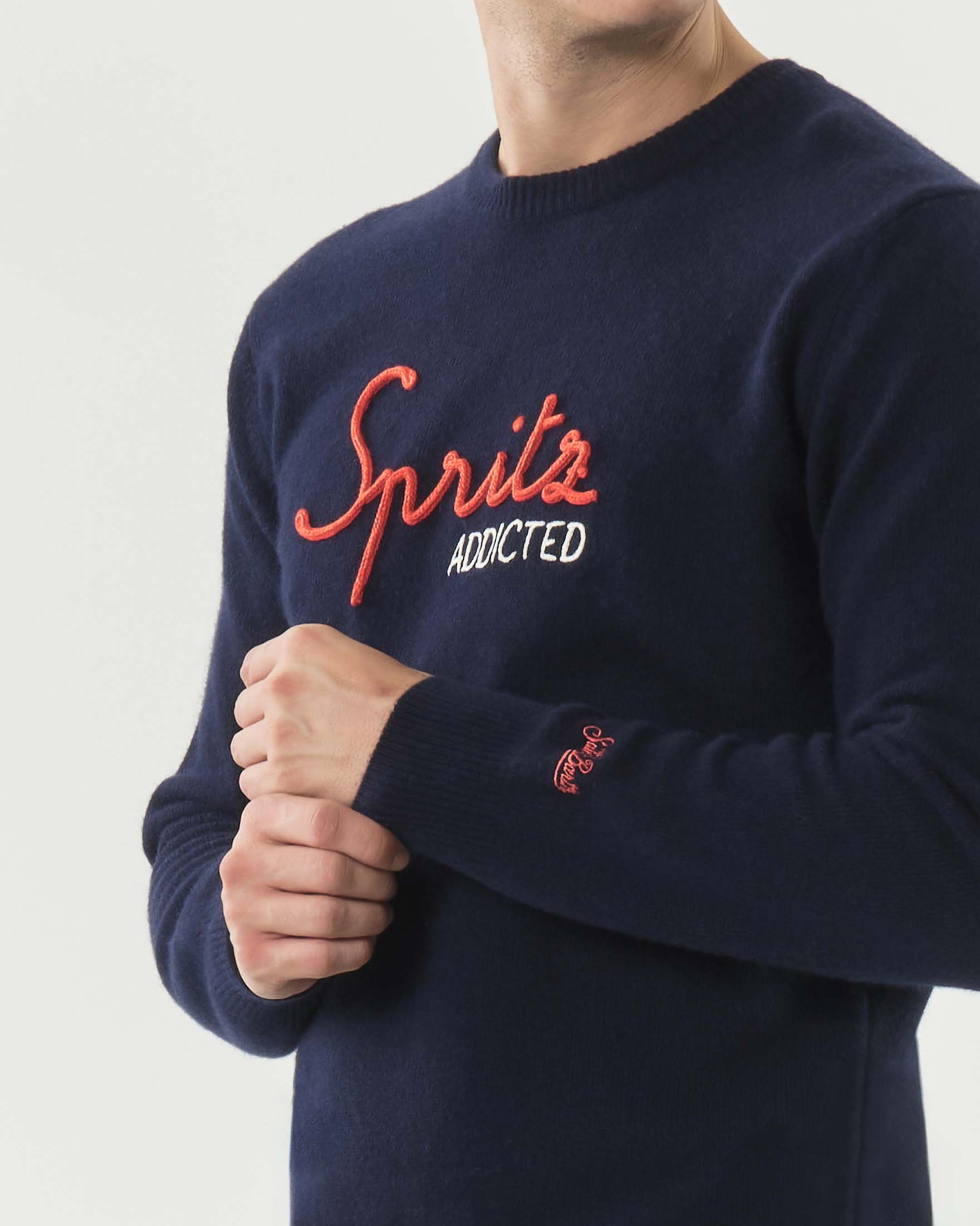 Maglia girocollo MC2 Saint Barth blu in lana e cashmere con ricamo Spritz Addicted image