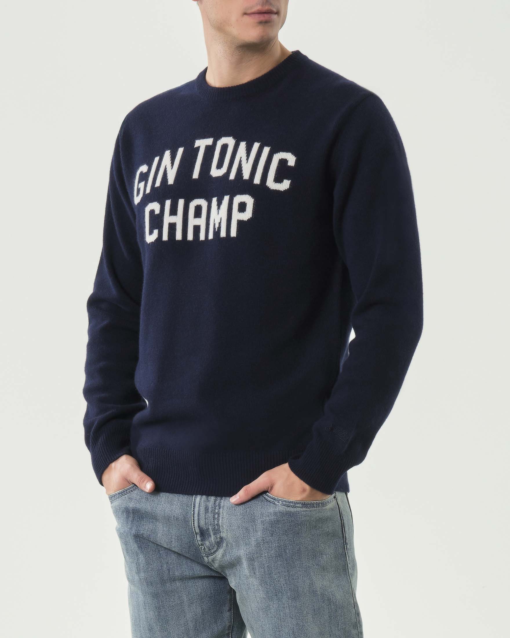 Maglia girocollo MC2 Saint Barth blu in lana e cashmere con scritta Gin Tonic Champ jacquard