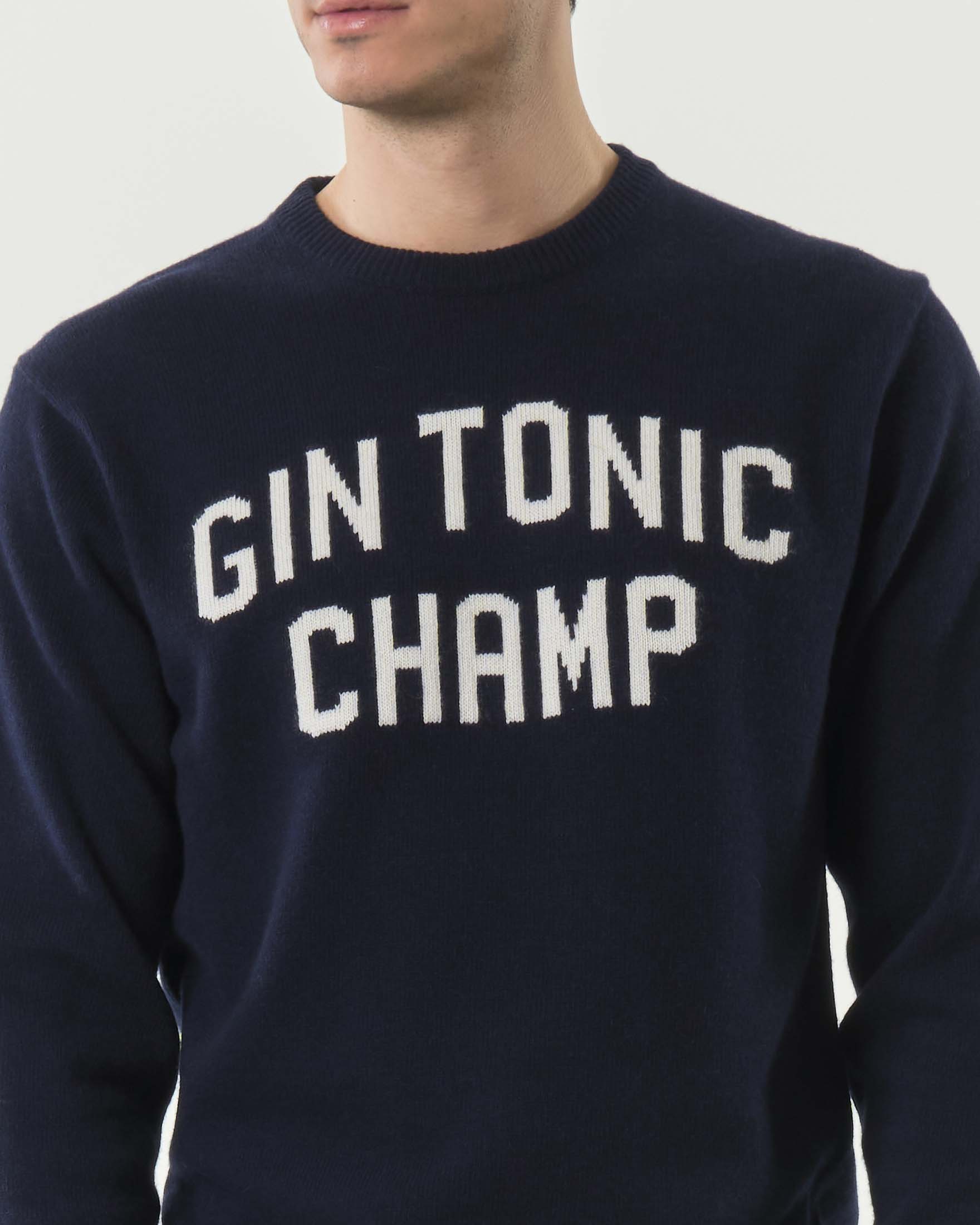 Maglia girocollo MC2 Saint Barth blu in lana e cashmere con scritta Gin Tonic Champ jacquard image