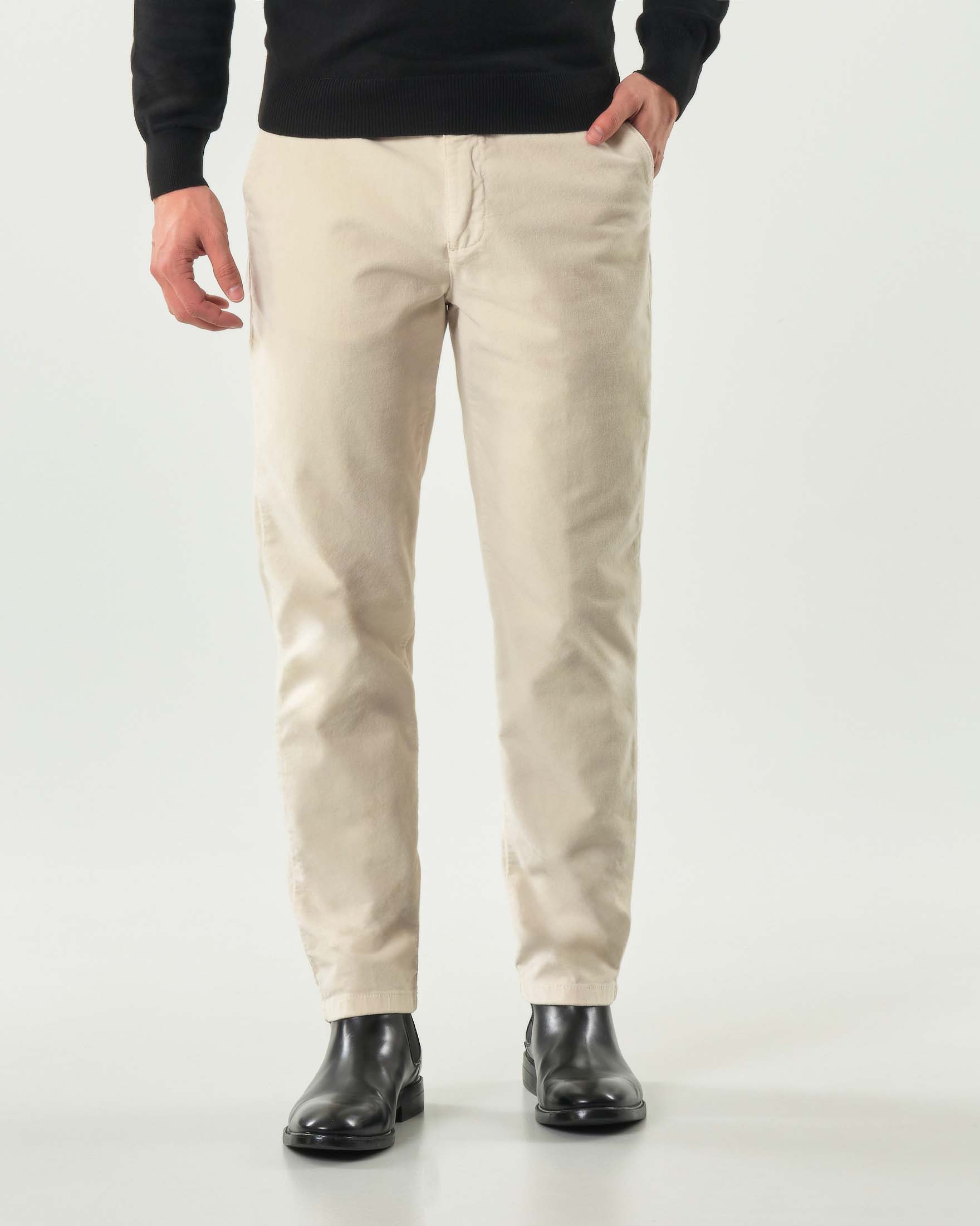 Pantaloni chino Paul Baker color panna slim-fit in velluto liscio di cotone stretch con piega stirata image