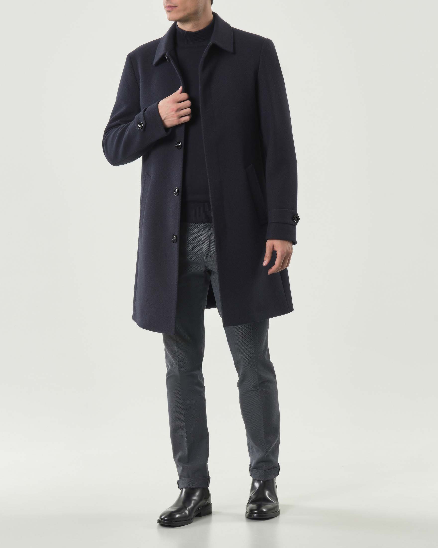 Cappotto blu in misto viscosa con abbottonatura coperta