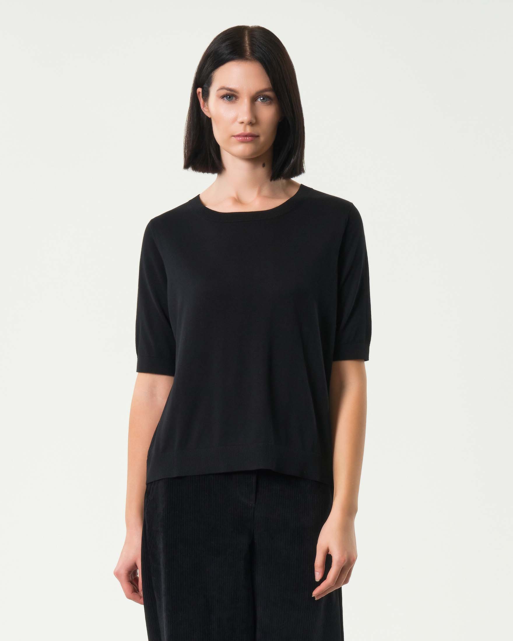 Maglia nera in seta e cotone a lavorazione rasata MM con maniche corte