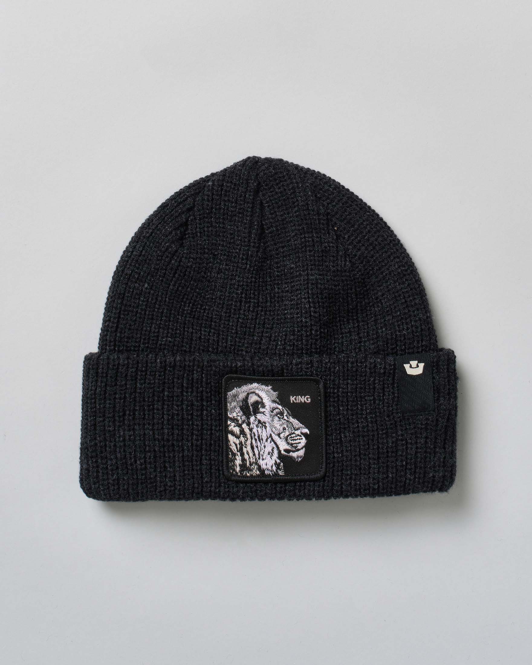 Berretto Goorin Bros nero in maglia a costine con patch leone