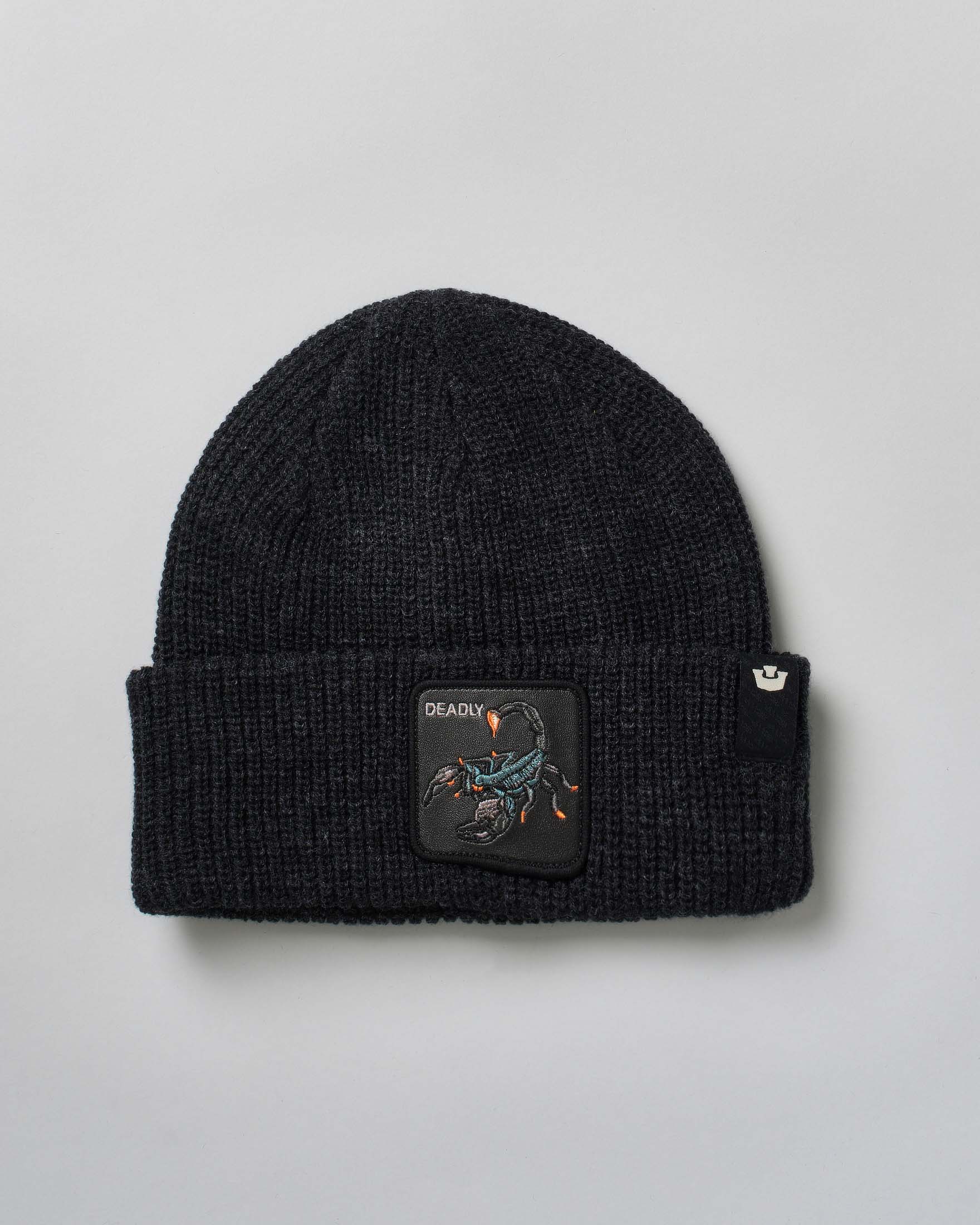 Berretto Goorin Bros nero in maglia a costine con patch scorpione