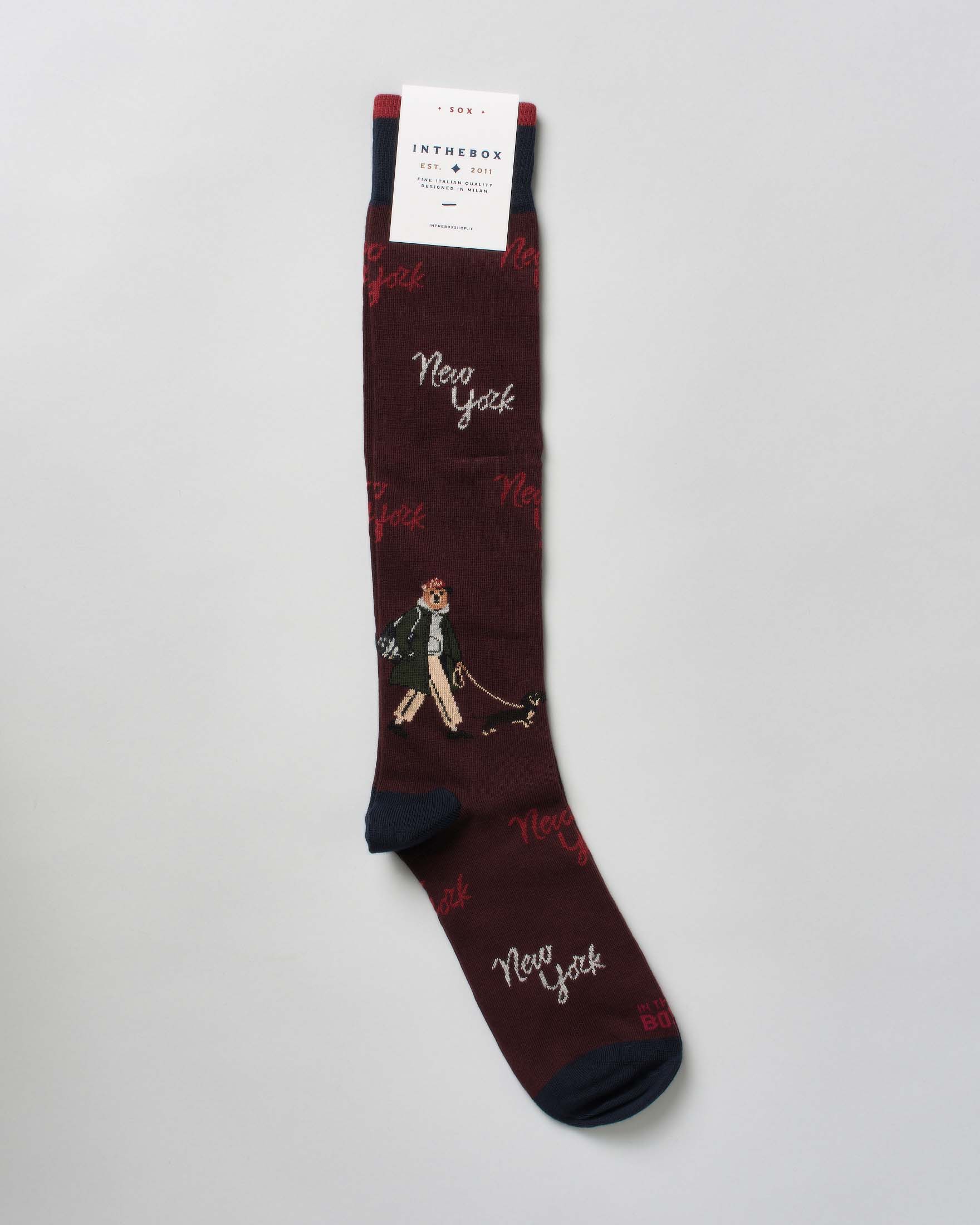 Calzino lungo bordeaux in fantasia orsetto Mr Box e scritta New York