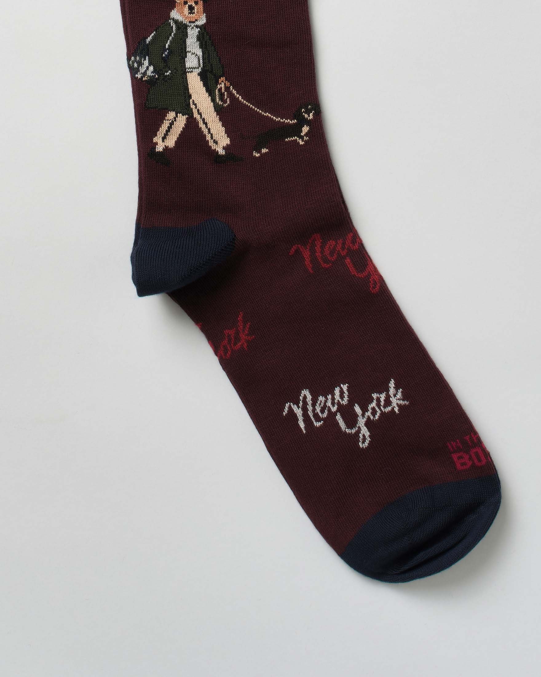 Calzino In The Box lungo bordeaux in fantasia orsetto Mr Box e scritta New York image