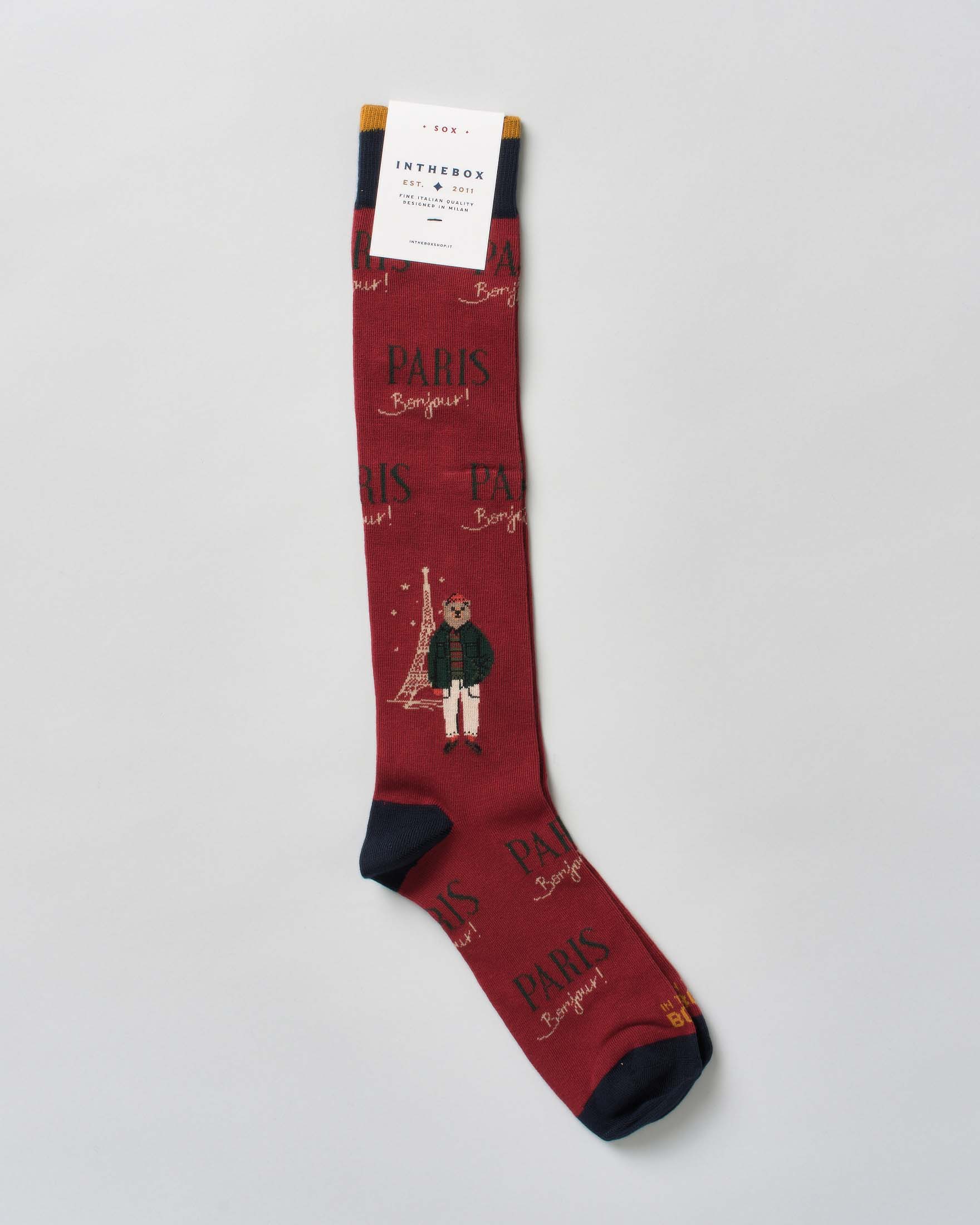 Calzino In The Box lungo rosso in fantasia orsetto Mr Box e scritta Paris