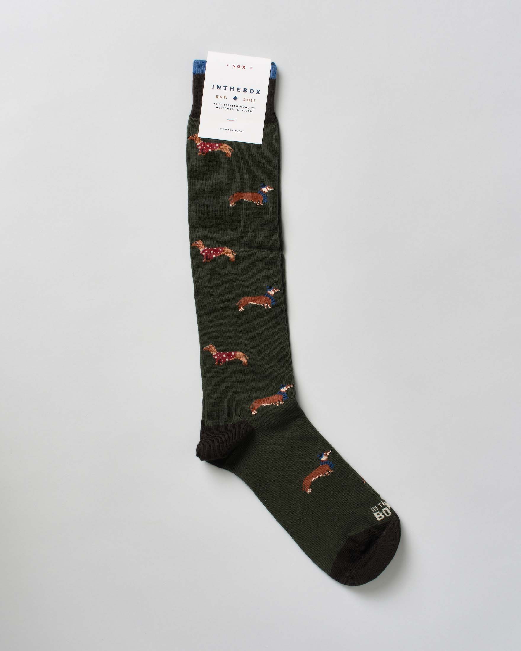 Calzino In The Box lungo blu in fantasia bassotto all over