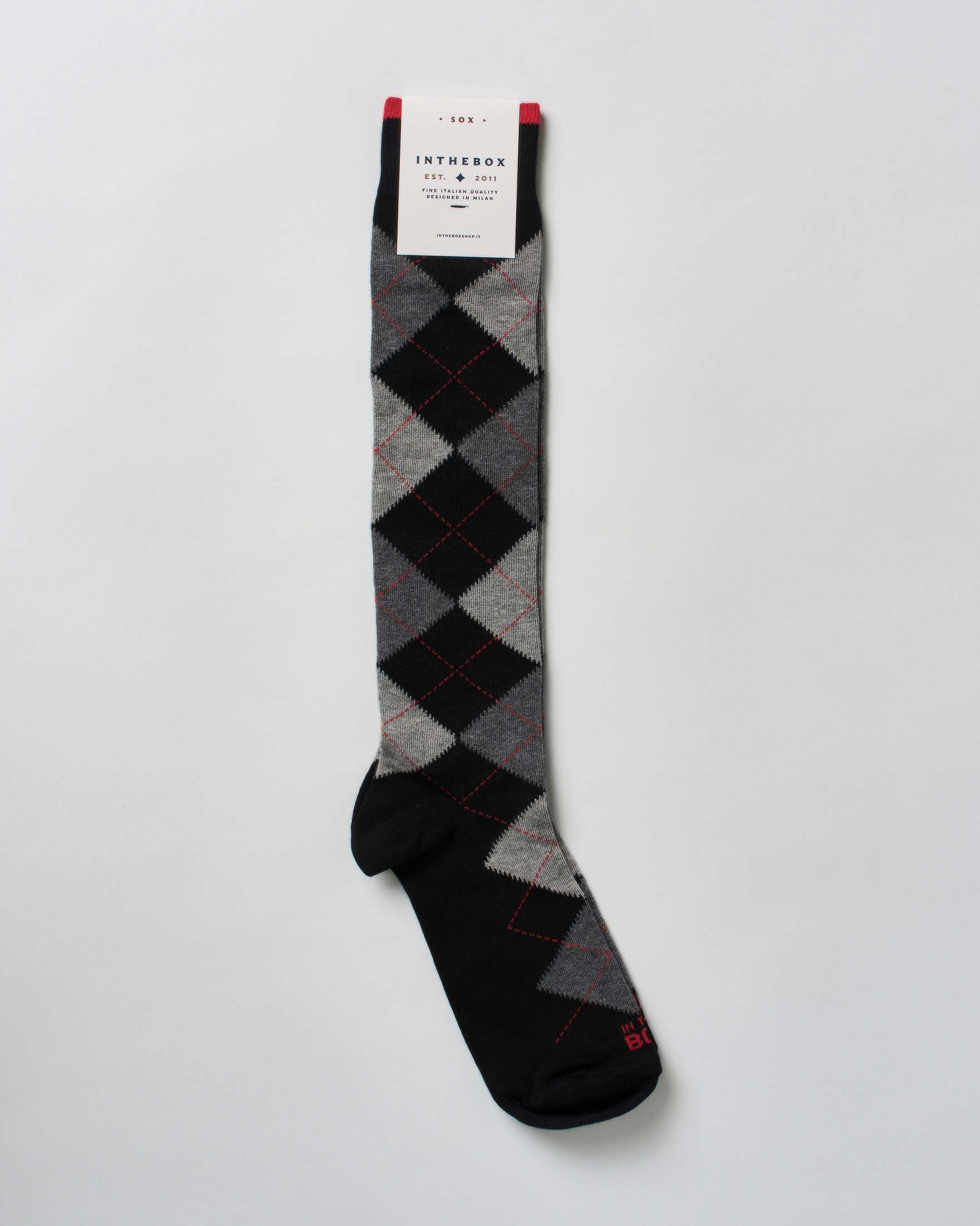 Calzino In The Box lungo in fantasia argyle nera e grigia
