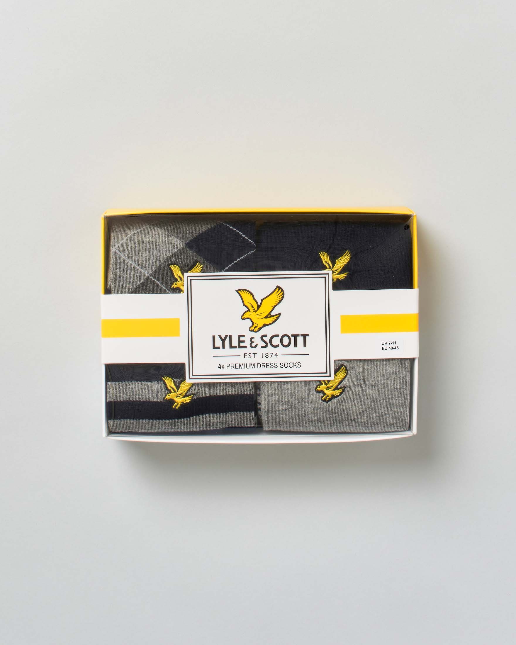 Set idea regalo Lyle & Scott di quattro calzini tinta unita e in fantasia grigia e blu