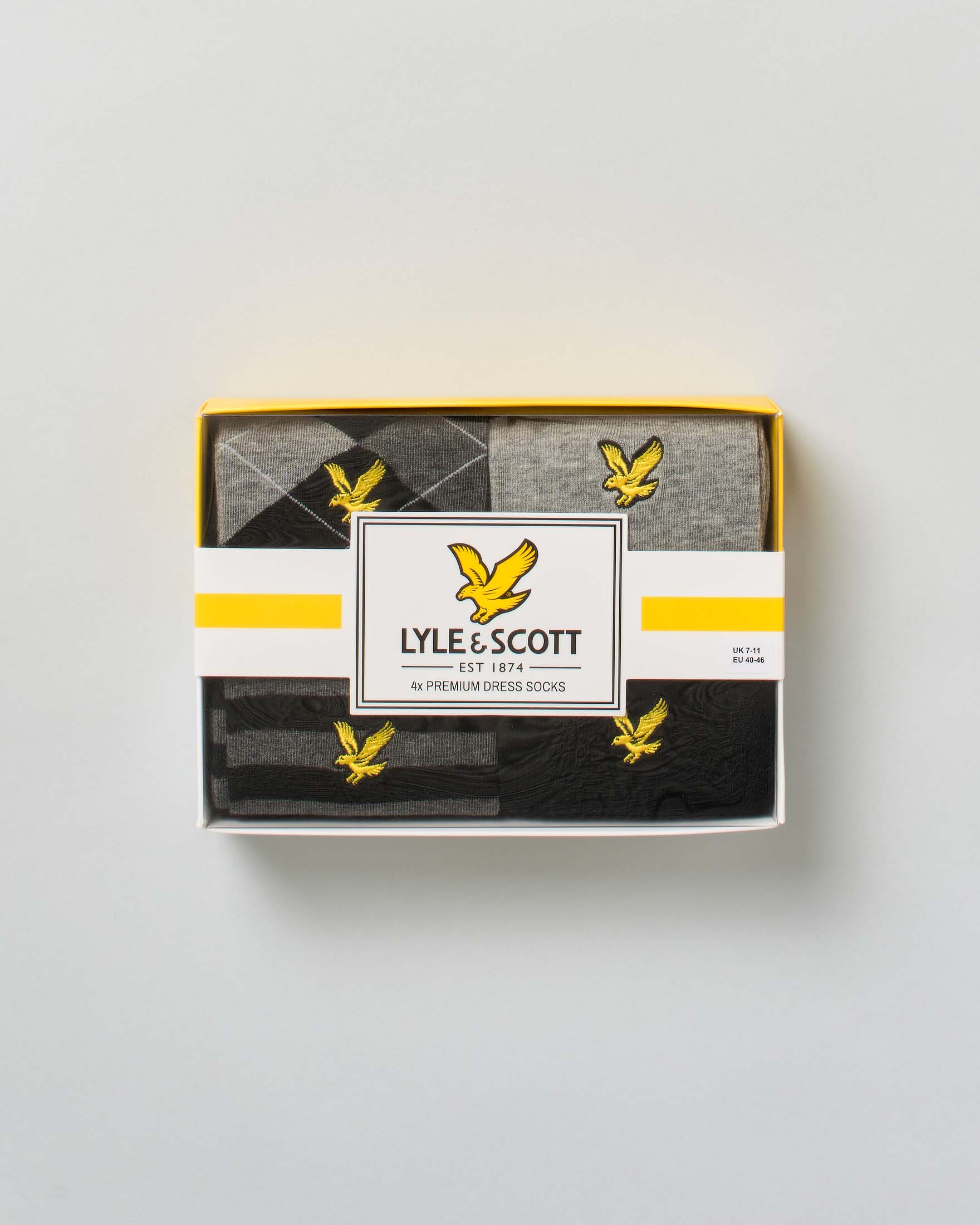 Set idea regalo Lyle & Scott di quattro calzini tinta unita e in fantasia grigia e nera