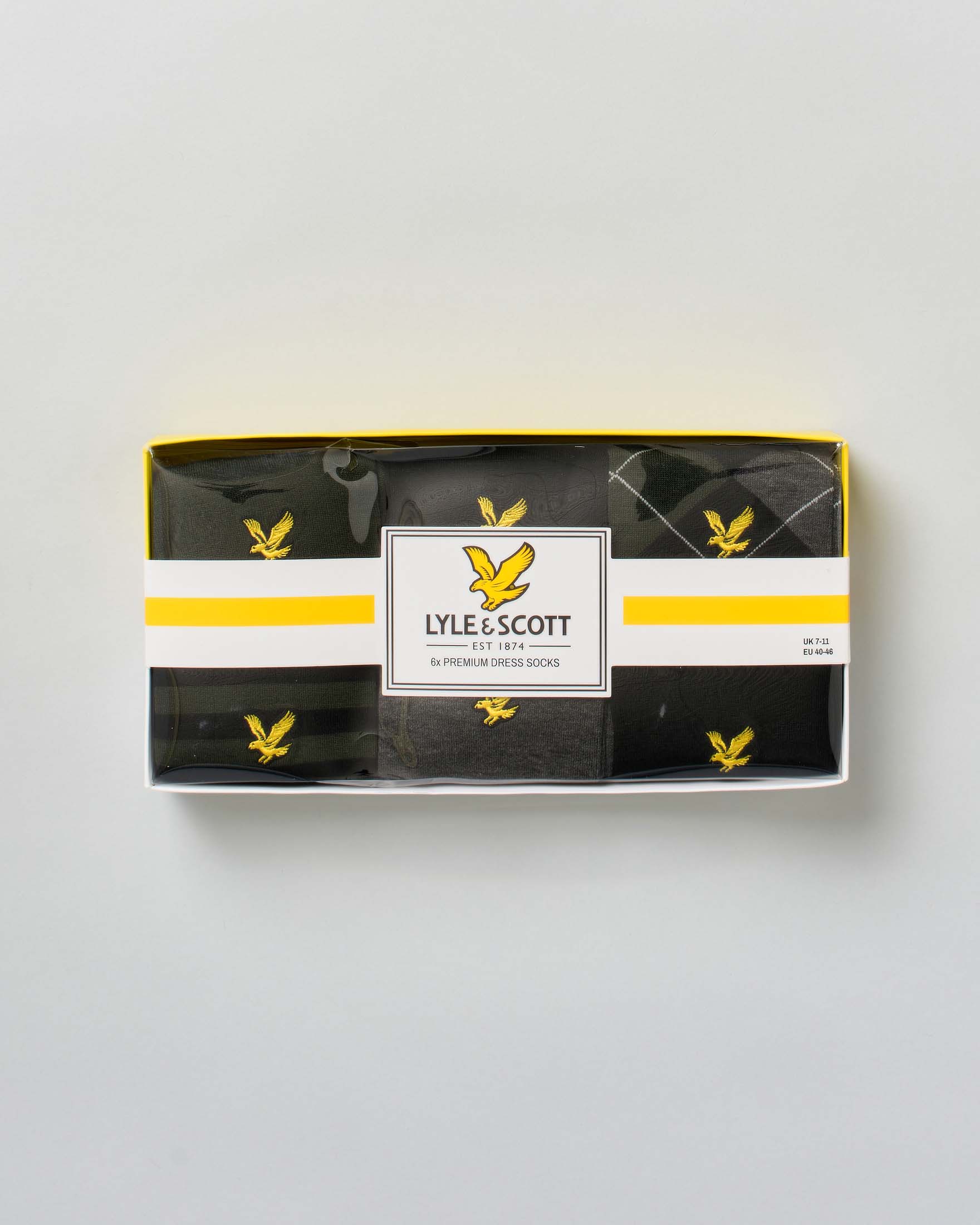 Set idea regalo Lyle & Scott di sei calzini tinta unita e in fantasia grigia nera e militare