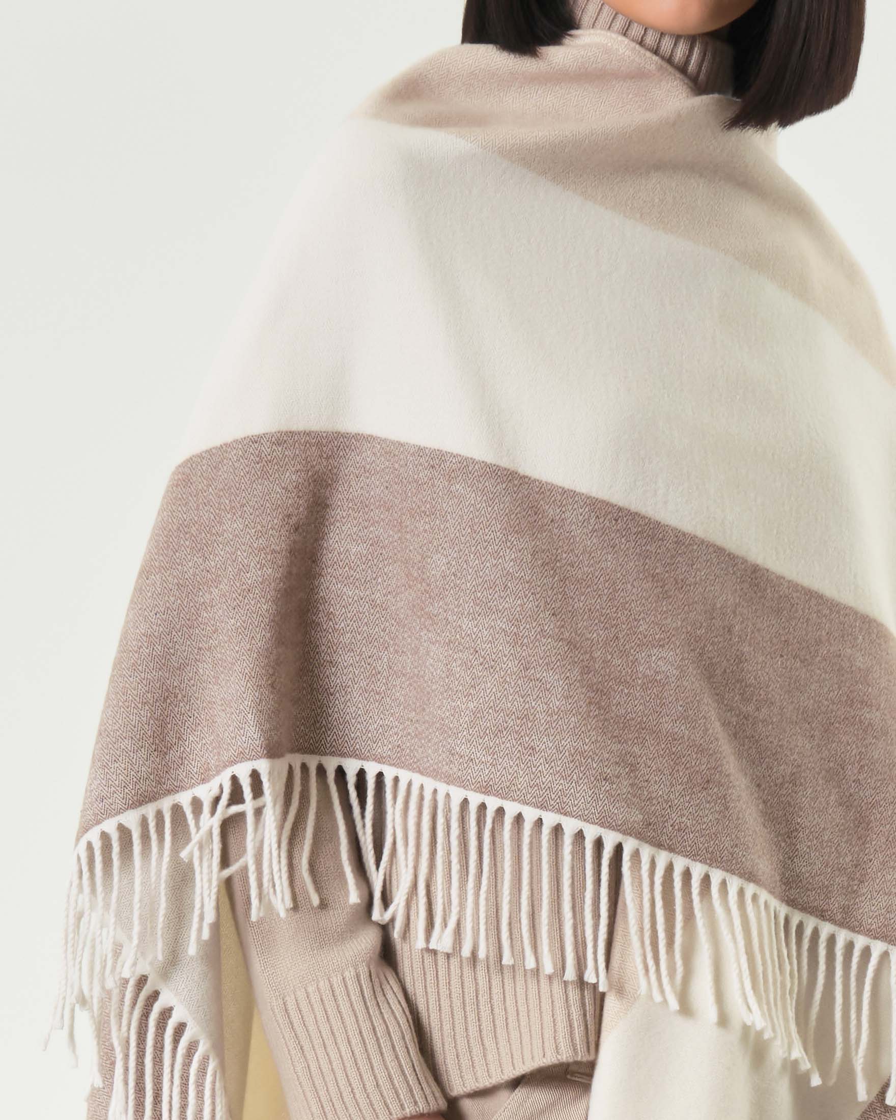 Sciarpa a righe bianco e beige Hlo! in misto cotone con frange applicate sul fondo image