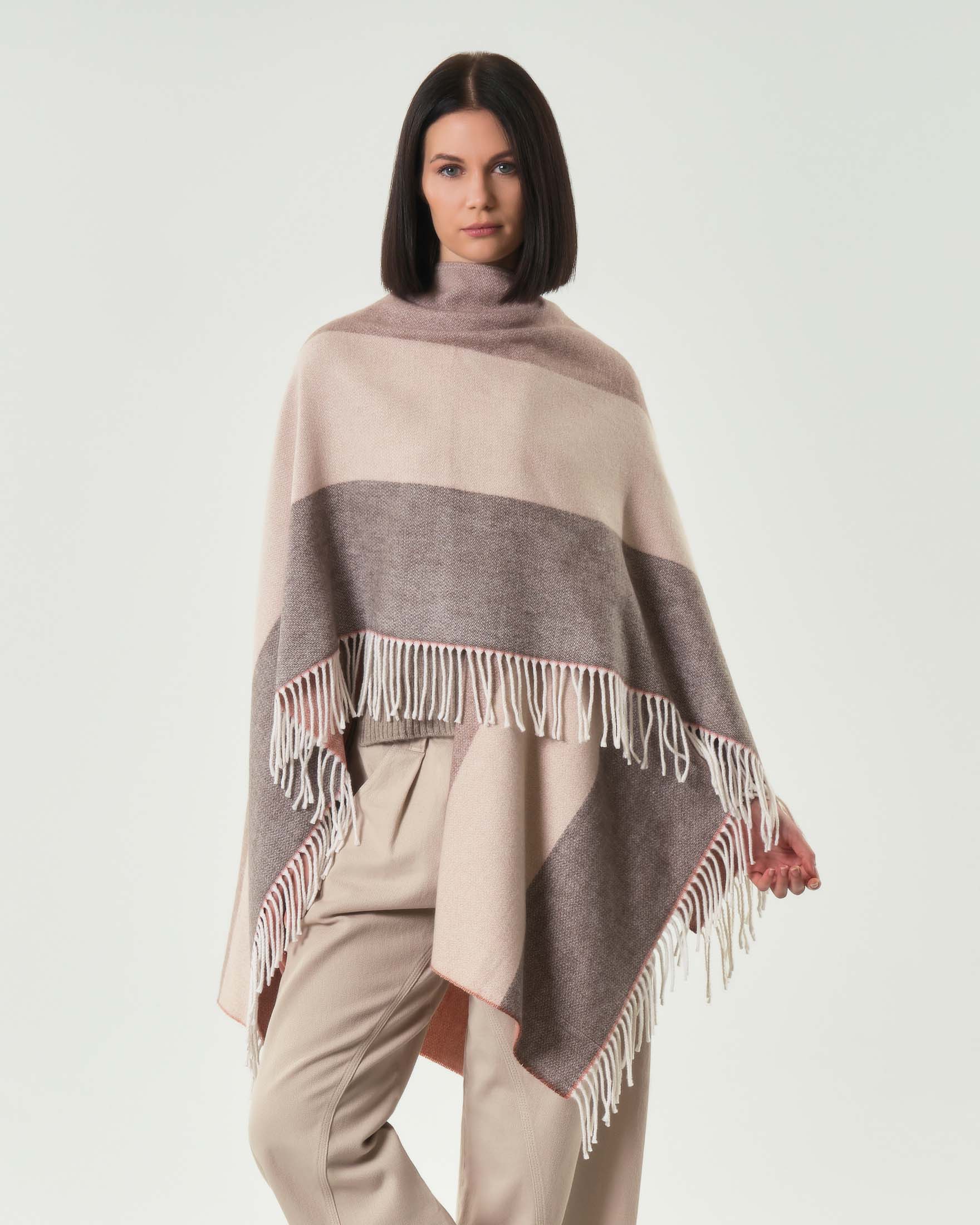Sciarpa a righe taupe e beige double coccio in misto cotone con frange applicate sul fondo