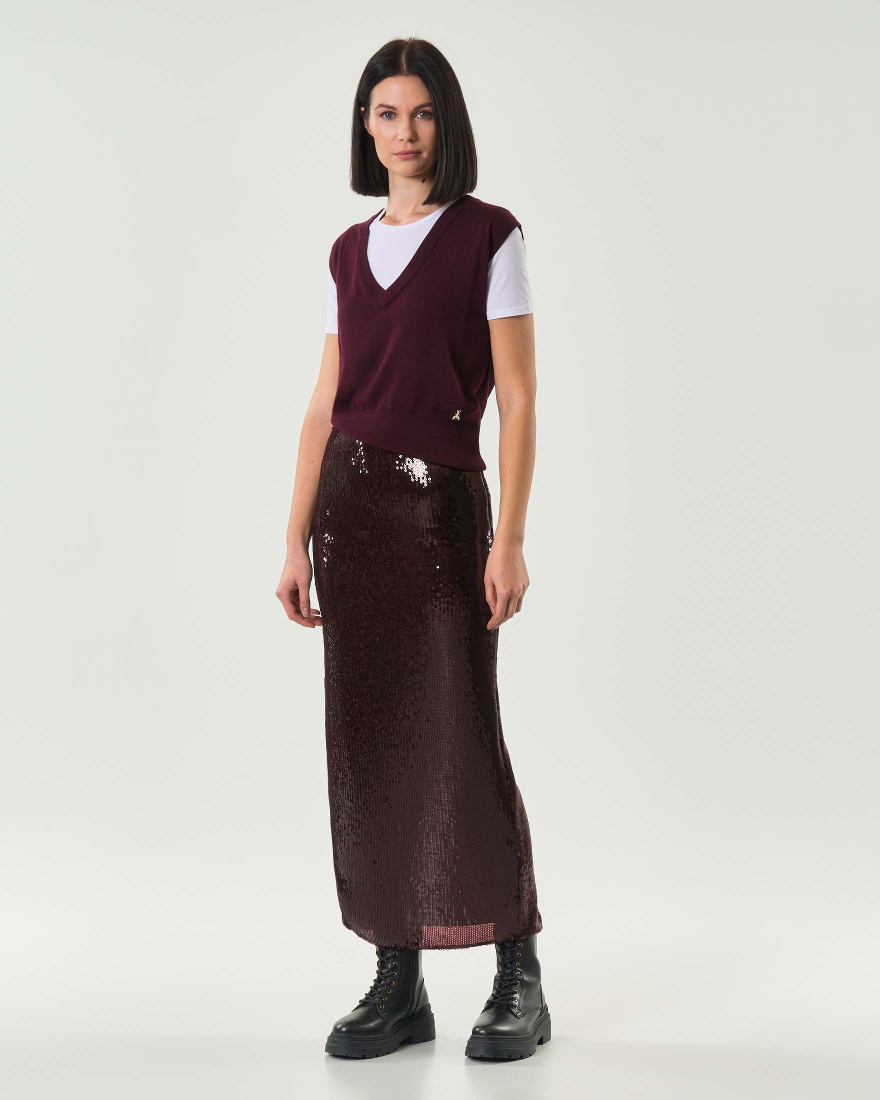 Gonna midi a tubino bordeaux Patrizia Pepe in pailettes con spacco posteriore