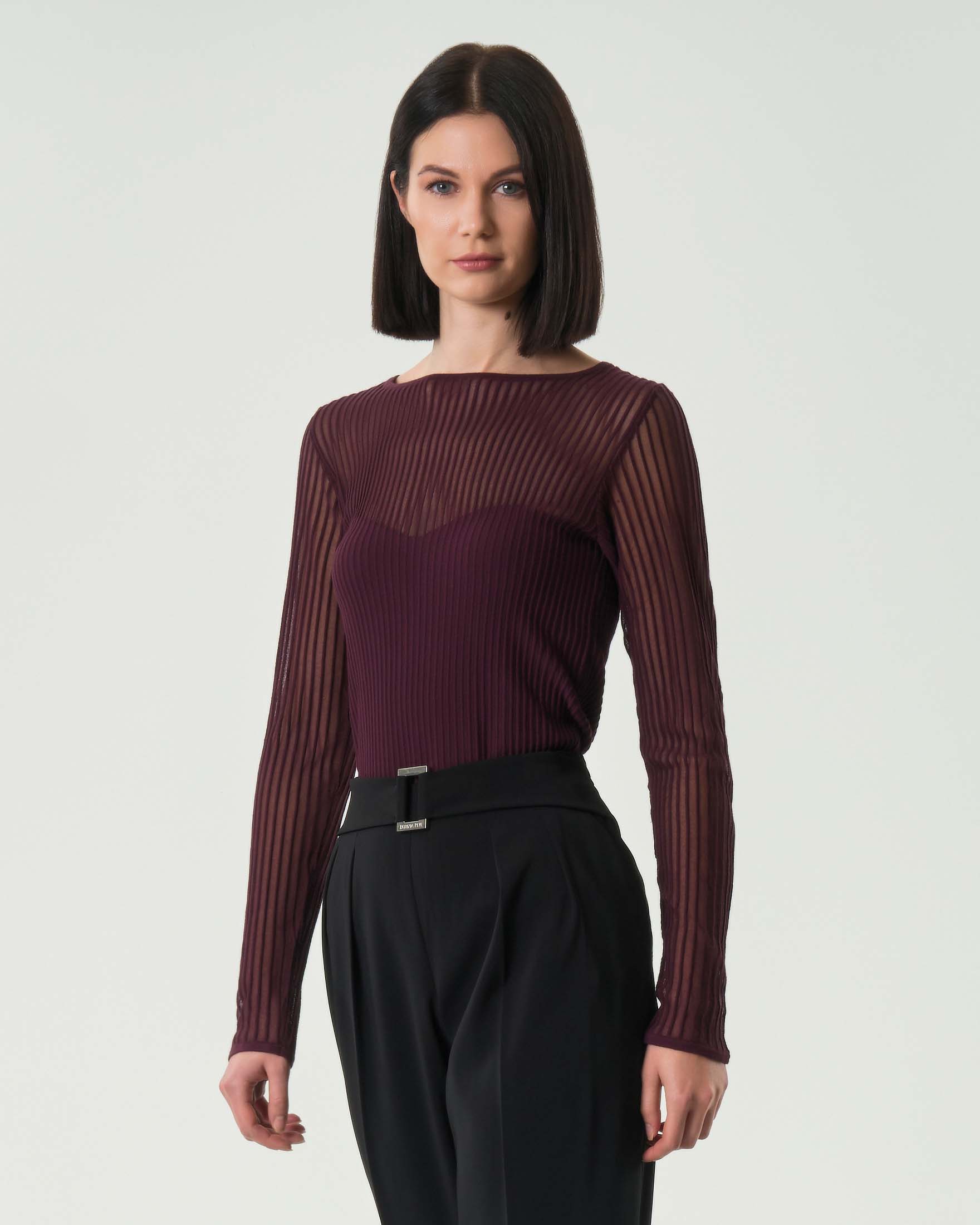 Maglia aderente bordeaux Patrizia Pepe a coste in misto viscosa semi trasparente