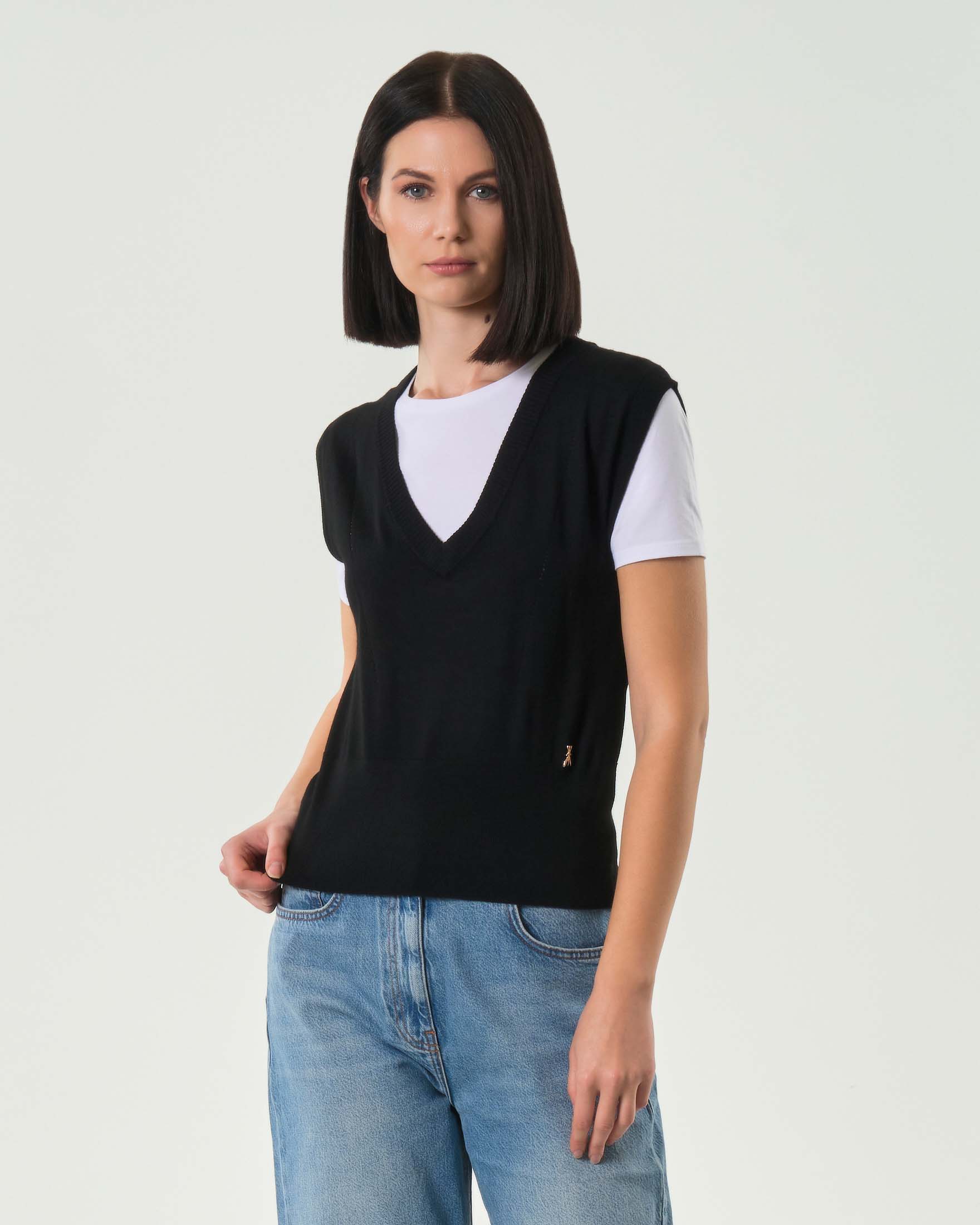Gilet nero Patrizia Pepe in lana rasata con scollo a V